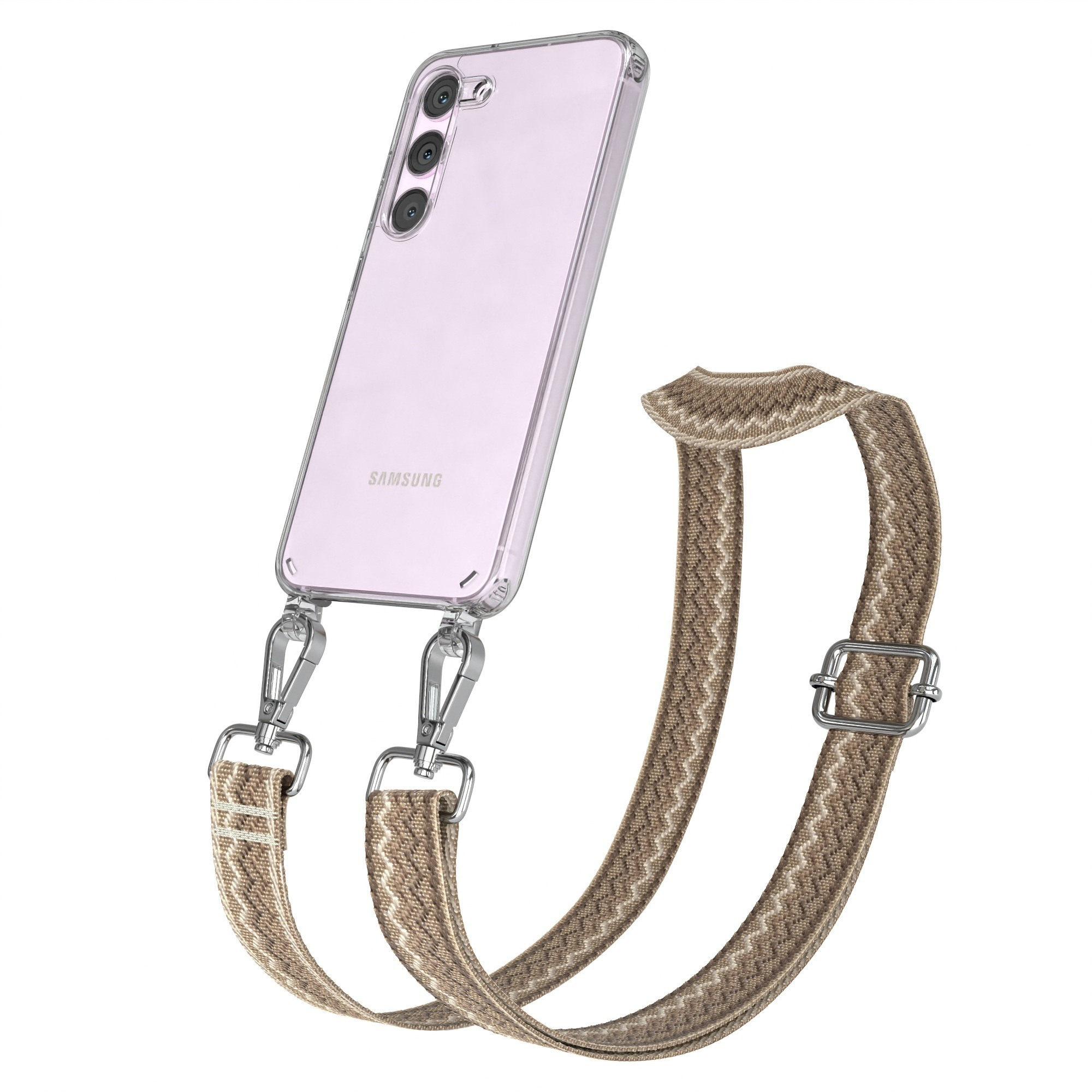Eine transparente Handyhülle mit einem rosa Telefon und einem braunen und beigen Gurt.