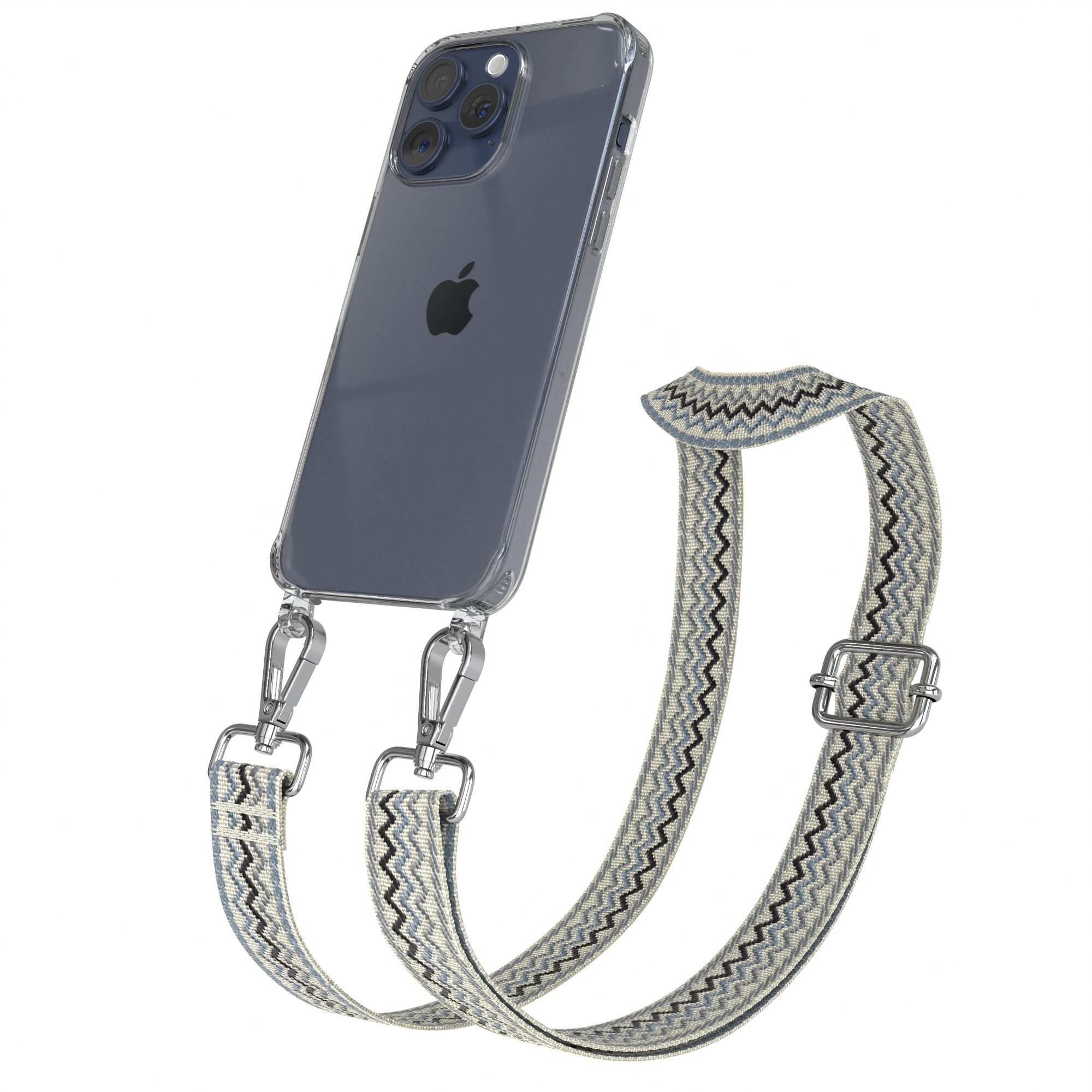 Transparente Handyhülle mit Telefon und einem Riemen mit Webmuster und silbernen Verschlüssen.