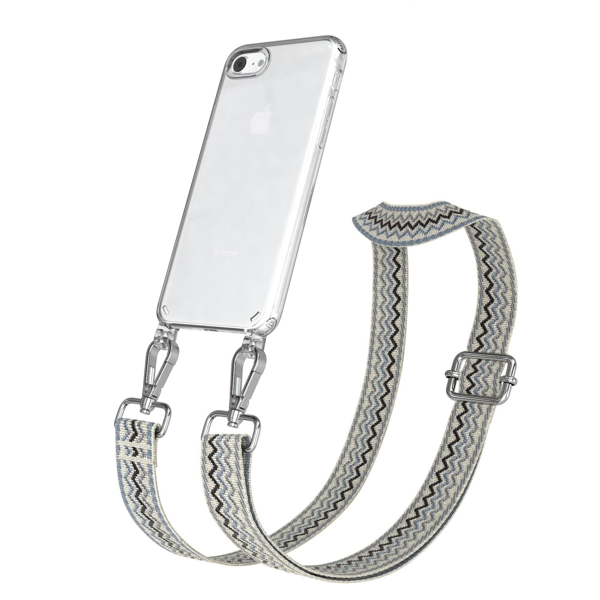 Transparente Handyhülle mit Telefon und Trageband. Das Band hat ein Muster in Blau und Weiß.
