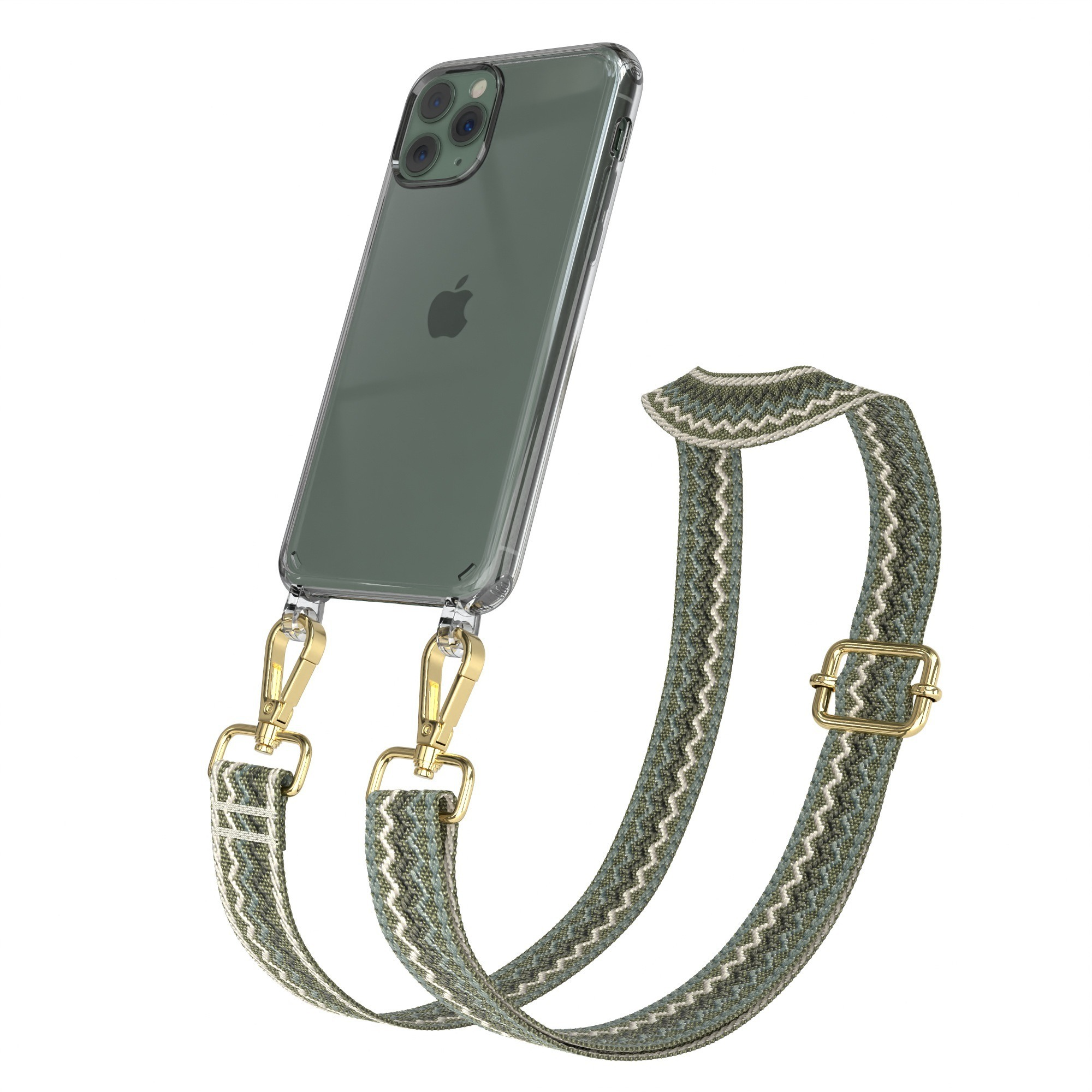Klare Handyhülle mit olivgrünem Riemen. Das Telefon ist angewinkelt, weißer Hintergrund.