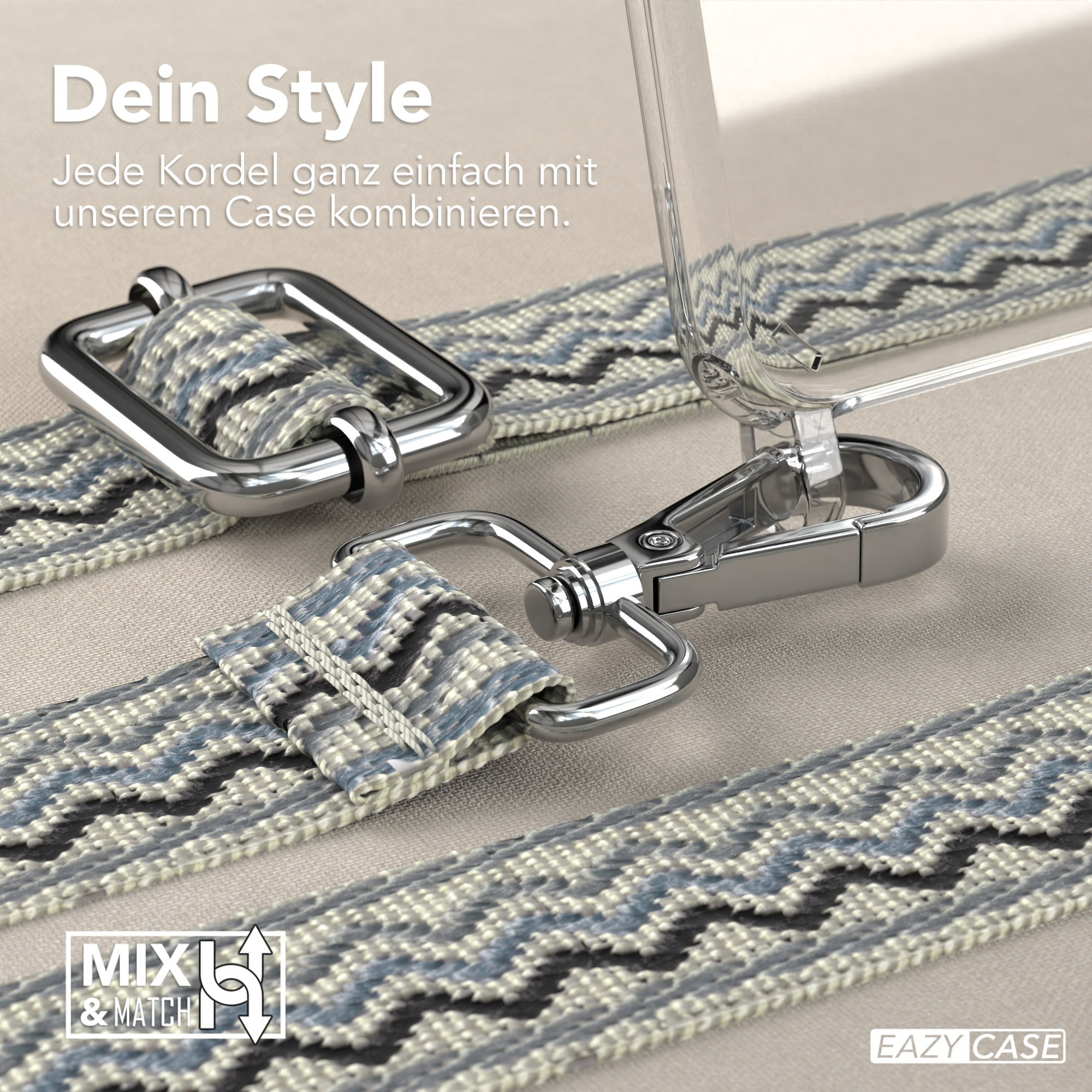 Handyhülle mit gemustertem Riemen. Der Riemen ist mit einer silbernen Schnalle und einem Verschluss verbunden.