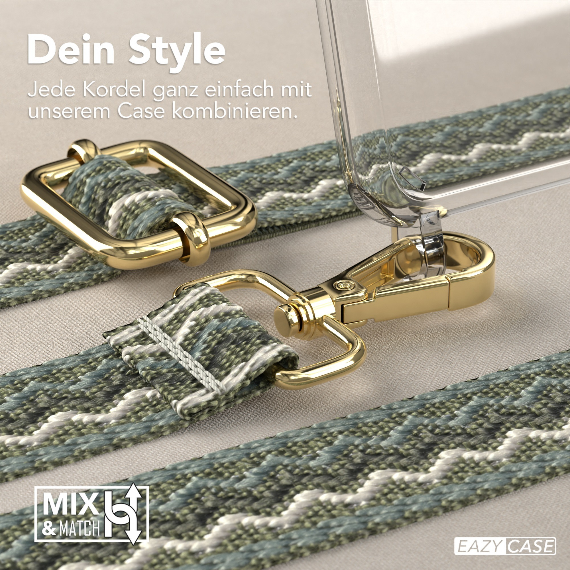 Ein Handycase mit grünem Gurt und goldener Hardware wird gezeigt. Der Text lautet: „Dein Style“ und „Mix & Match“.