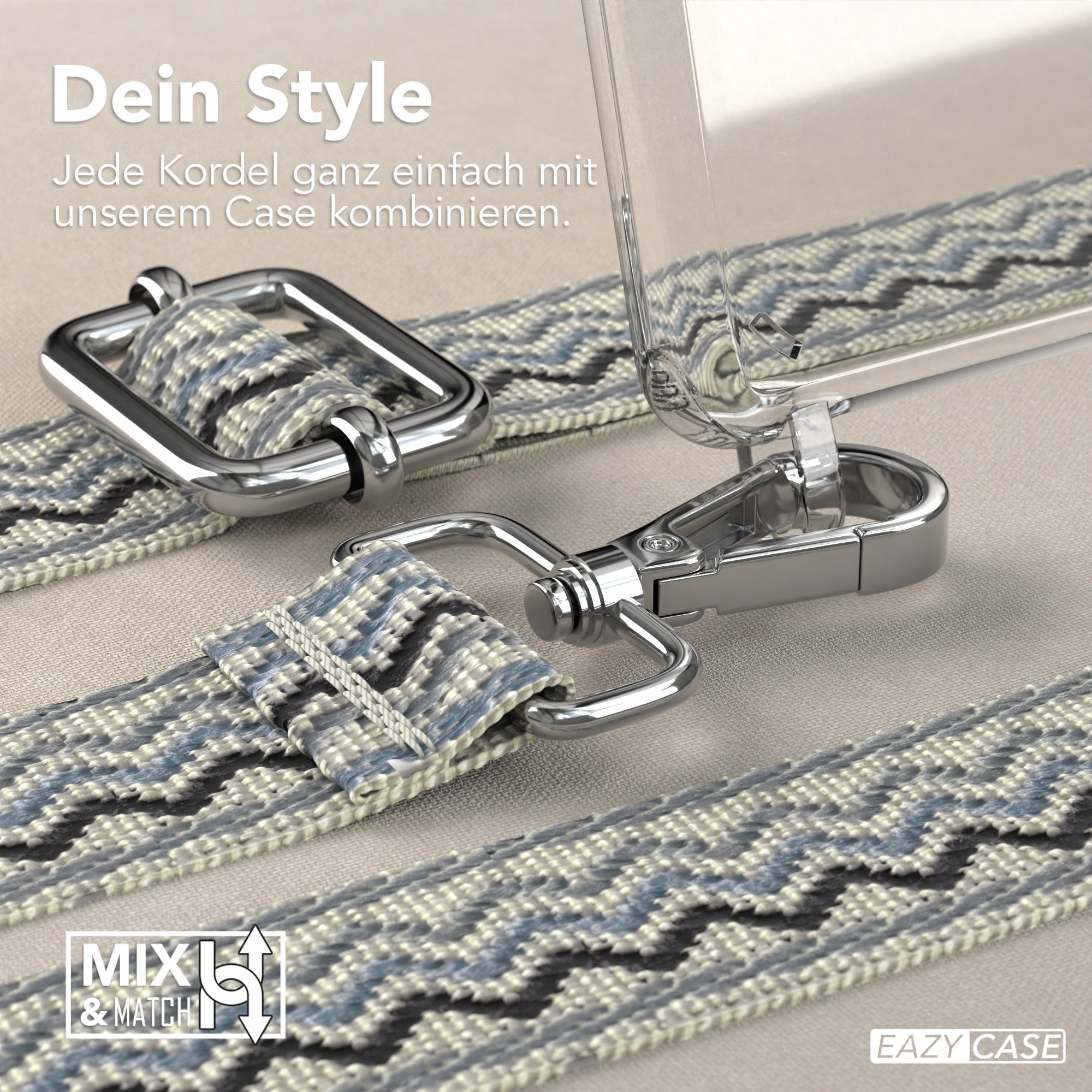 Nahaufnahme von Riemen und Metallschnallen für eine Handyhülle. Text: Dein Style.