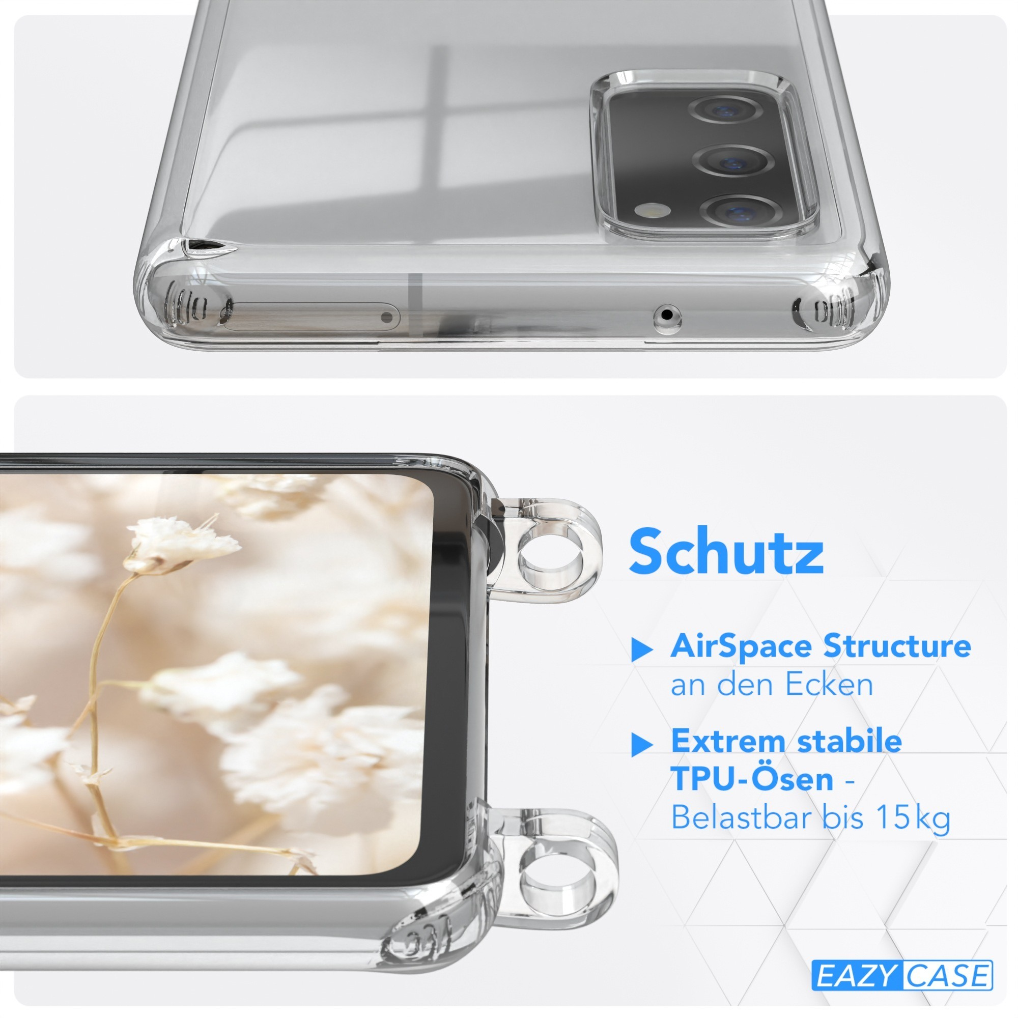 Zwei Bilder einer Handyhülle mit einem Telefon darin. Text rechts: Schutz, AirSpace Structure.