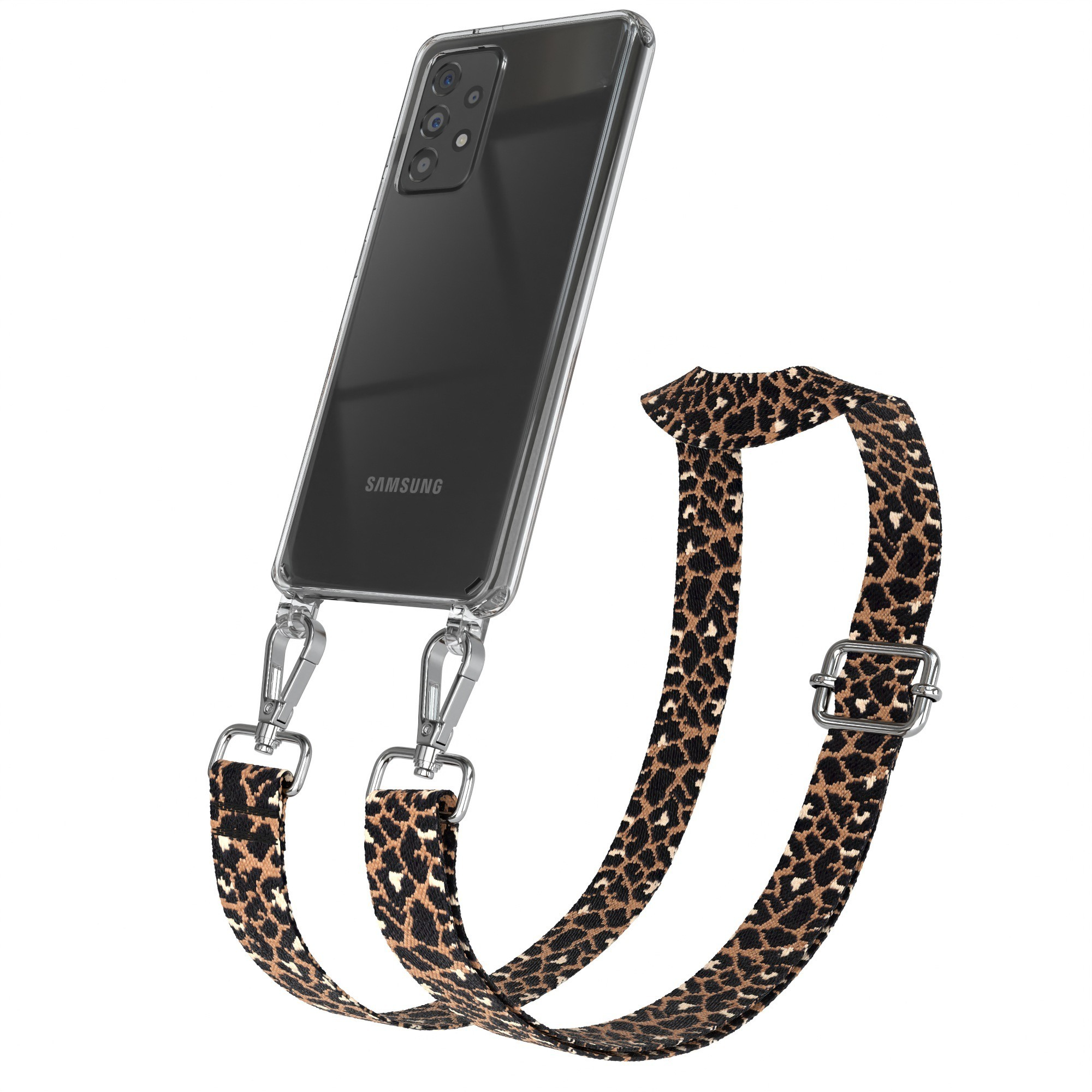 Ein Telefon mit Leopardenmuster-Gurt. Das Telefon befindet sich in einer transparenten Hülle.