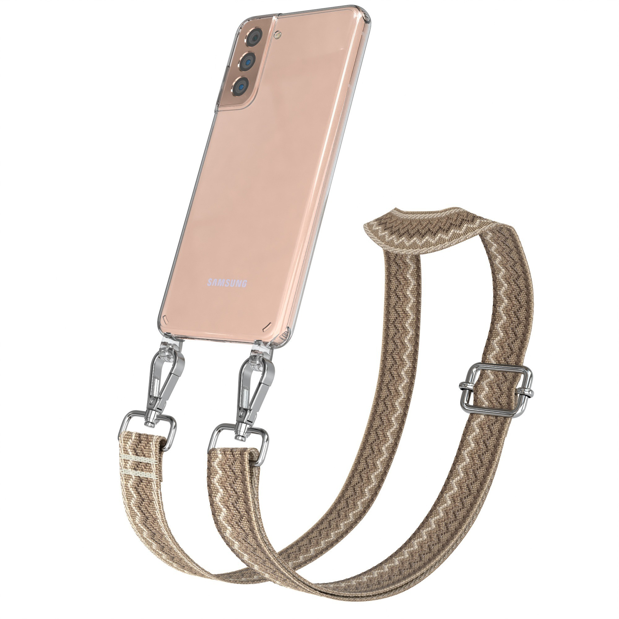 Ein pfirsichfarbenes Telefon in einer transparenten Hülle mit einem braunen Riemen.