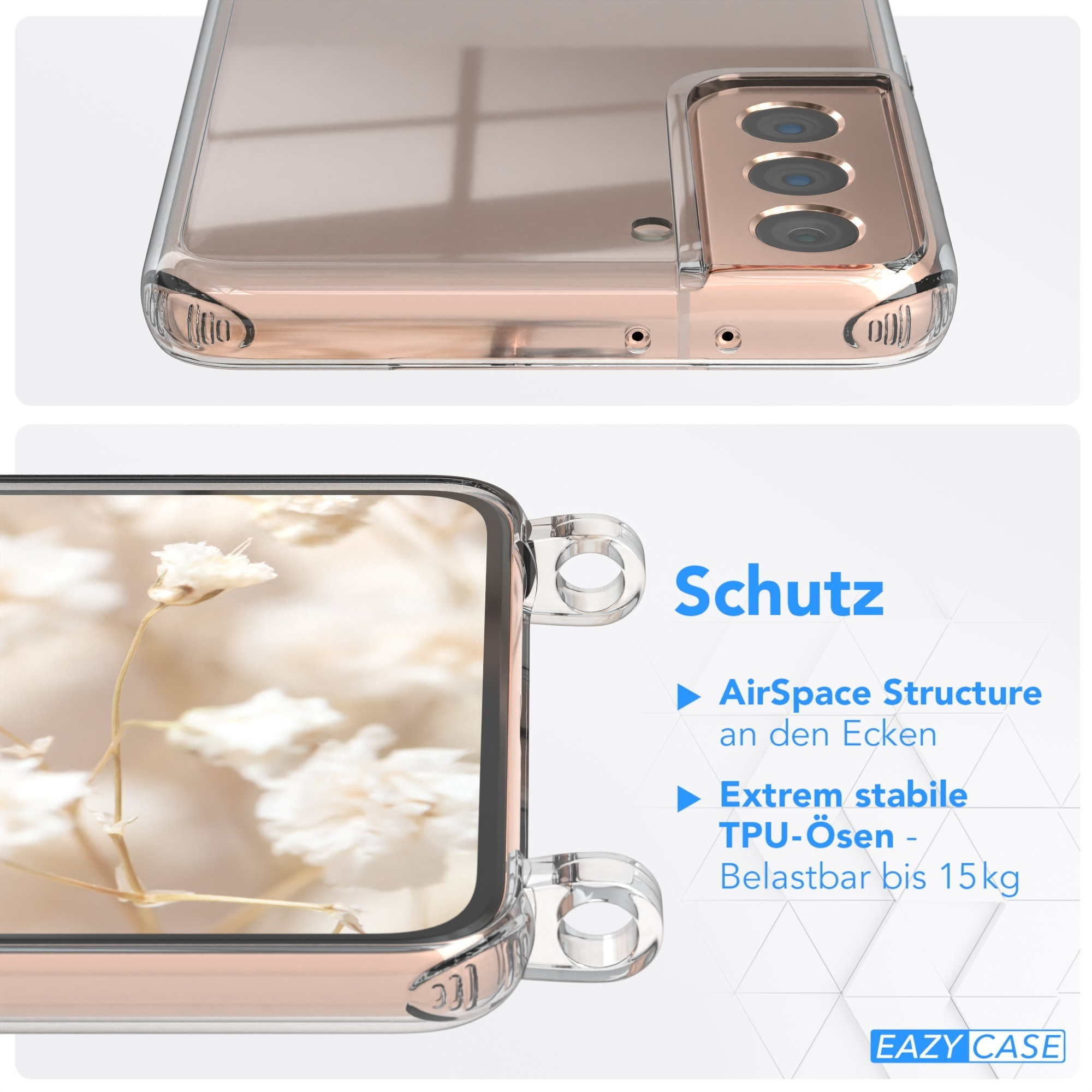 Transparente Handyhülle auf einem roségoldenen Telefon. Details zum Produkt auf Deutsch rechts.