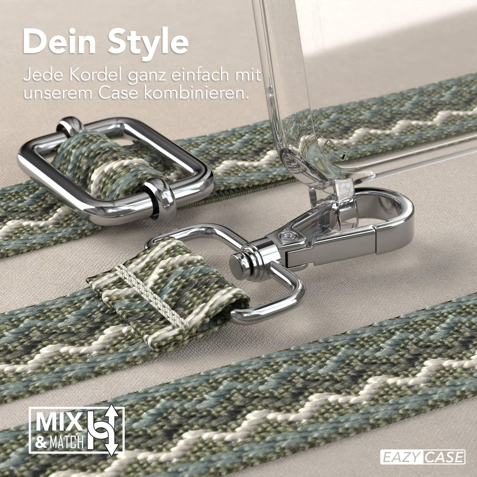 Nahaufnahme einer Handyhülle mit Riemen. Verfügt über einen silbernen Verschluss und einen gewebten Riemen in Grüntönen.