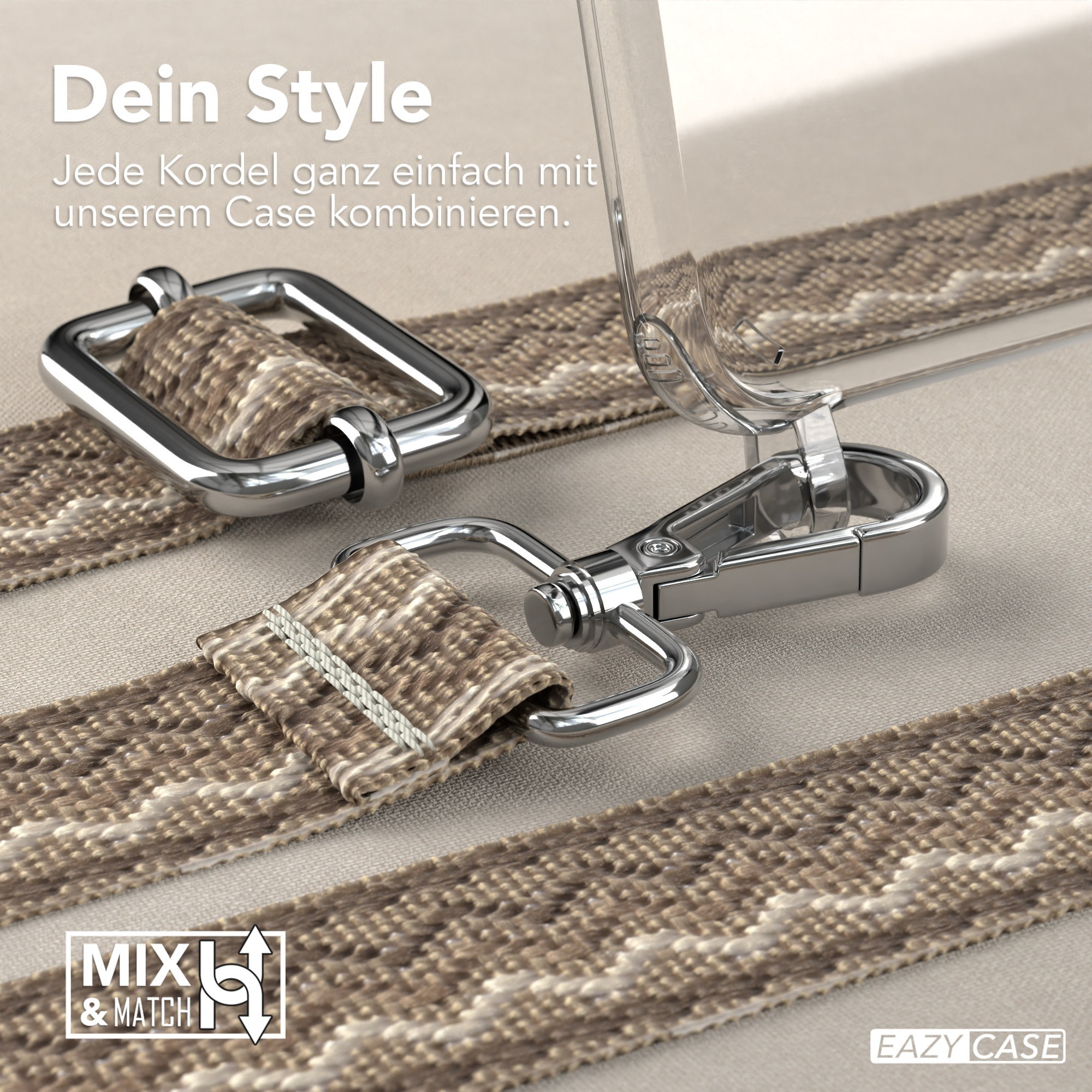 Transparente Handyhülle mit Handyrriemen, Text über die Kombinationsmöglichkeiten von Hülle und Riemen.