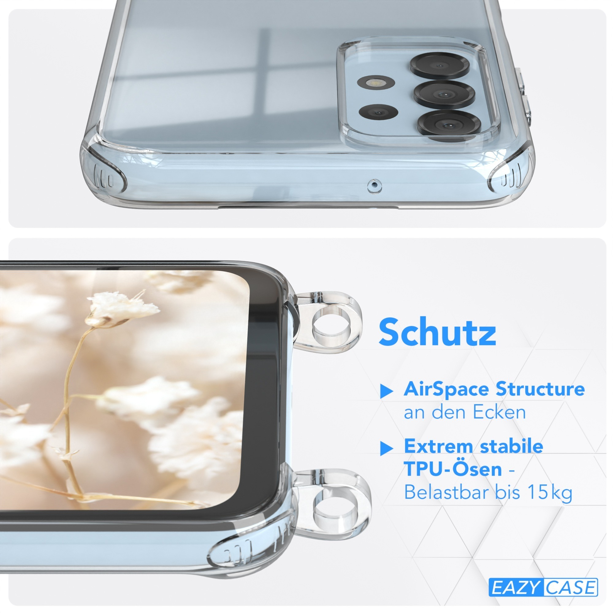 Transparente Handyhülle mit blauem Telefon, zeigt Kanten und Schutzdesign.