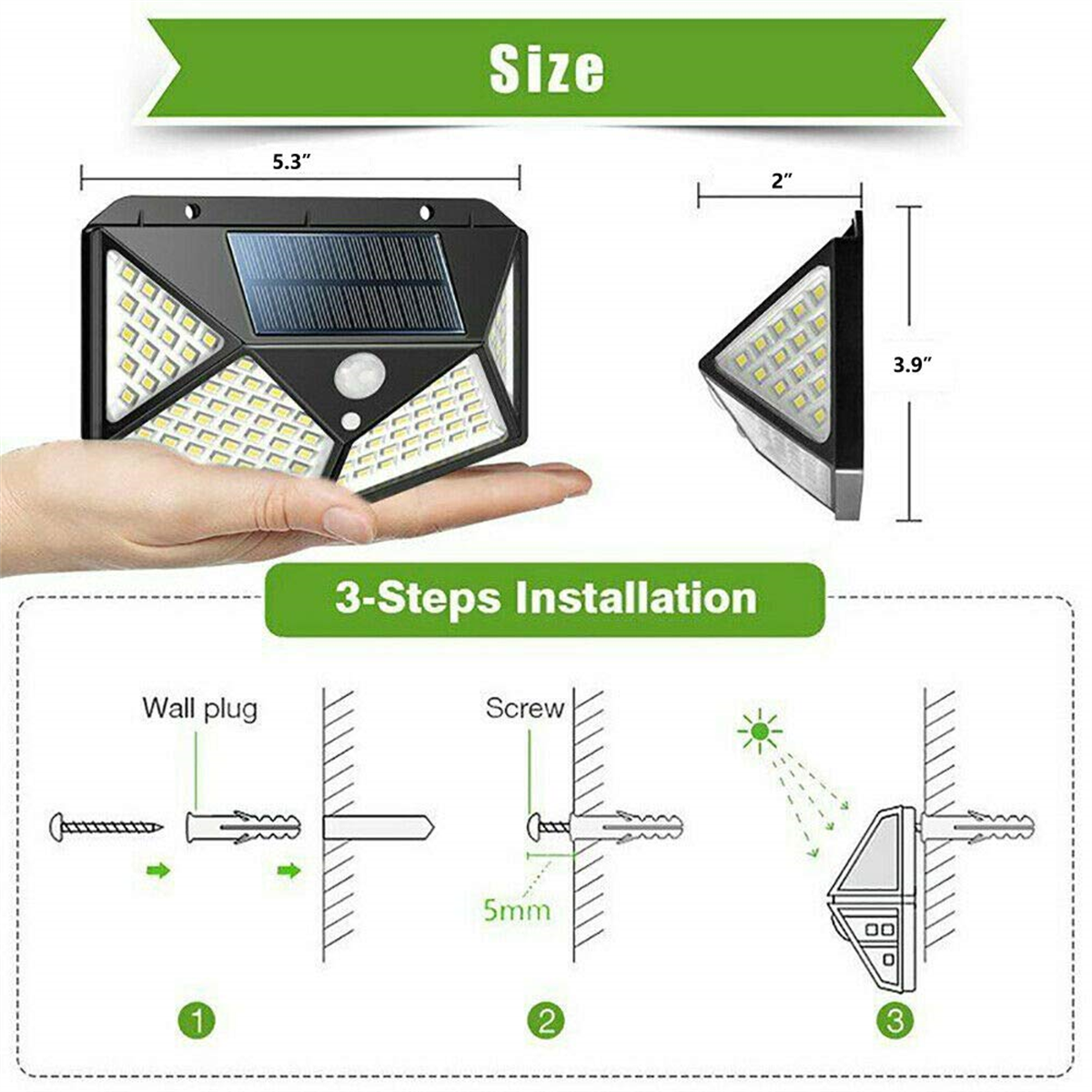 Solarlicht in der Hand, mit Abmessungen. 3-Schritte-Installationsanleitung mit Wandstecker und Schraube.