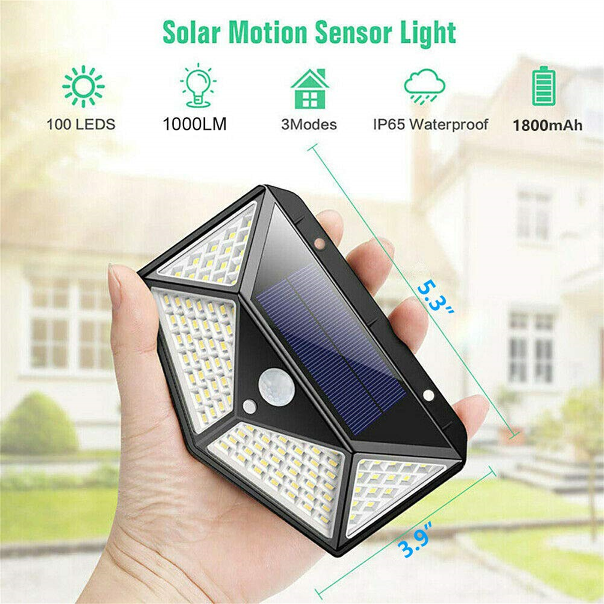 Ein schwarzes Solar-Bewegungssensorlicht wird in einer Hand gehalten, mit Text.
