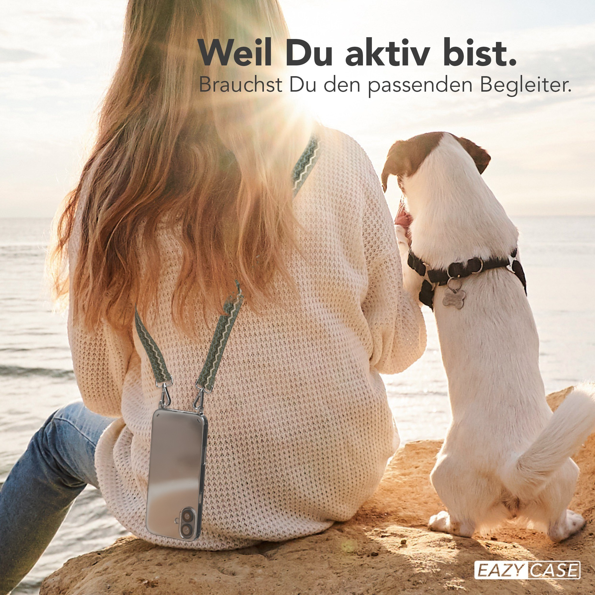 Zwei Ansichten einer transparenten Handyhülle. Auf weißer Oberfläche. Text: 'Schutz' und Merkmale.
