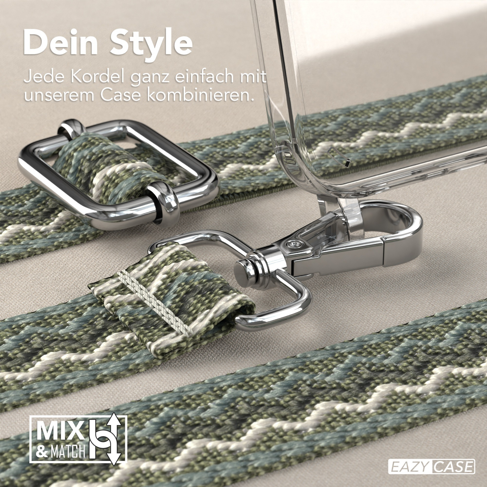 Nahaufnahme eines Telefonriemens mit Silberclip und klarer Handyhülle.