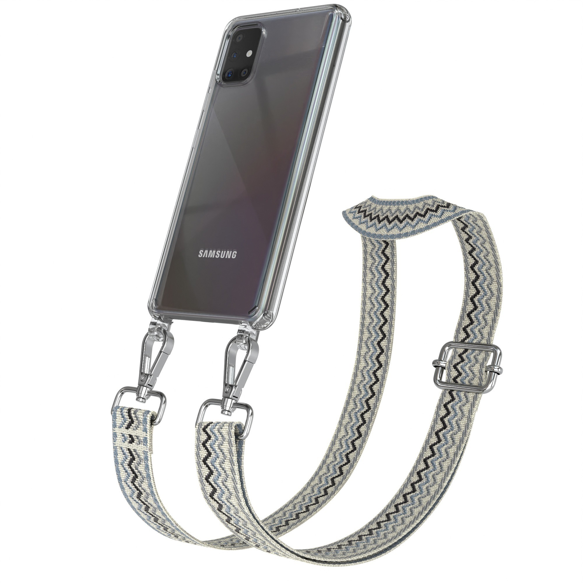 Ein Telefon mit transparentem Gehäuse und einem blau-weißen Zickzack-Gurt. Der Gurt verbindet sich mit dem Gehäuse.