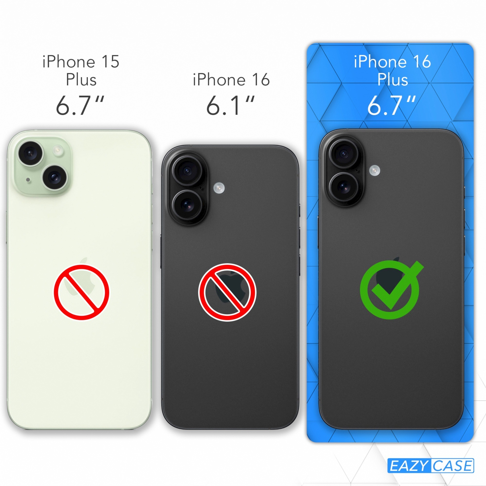 Vergleich von 3 iPhones, mit verschiedenen Größen und einem Häkchen auf dem größten Telefon.