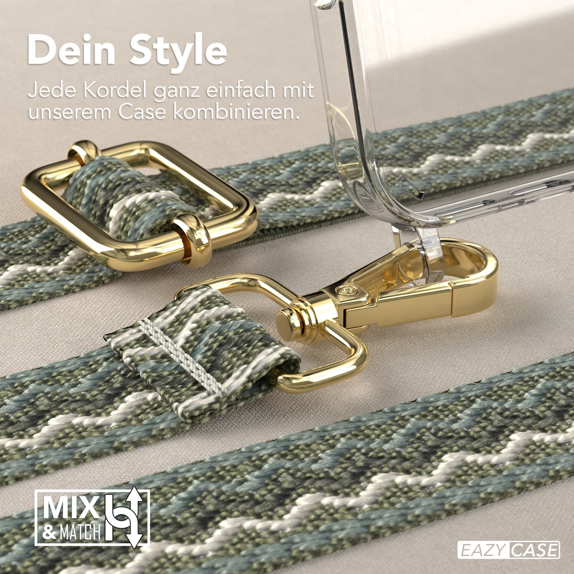 Nahaufnahme einer Handyhülle mit goldfarbenem Karabiner und Trageriemen. Der Riemen hat ein grün-weißes Muster.