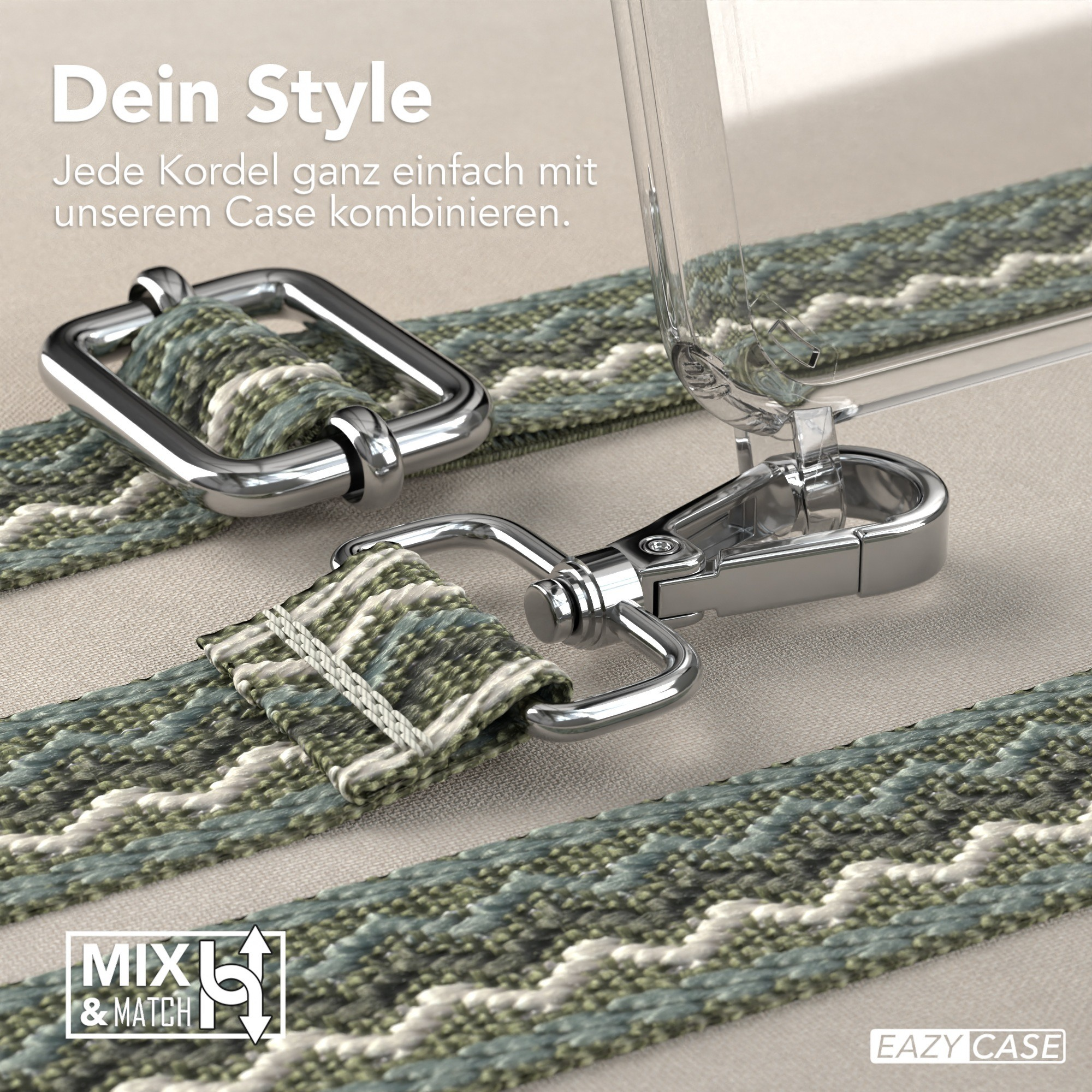 Nahaufnahme einer Handyhülle mit Riemen und Metallverschluss. Text: 'Dein Style' und 'MXL & MATCH'.