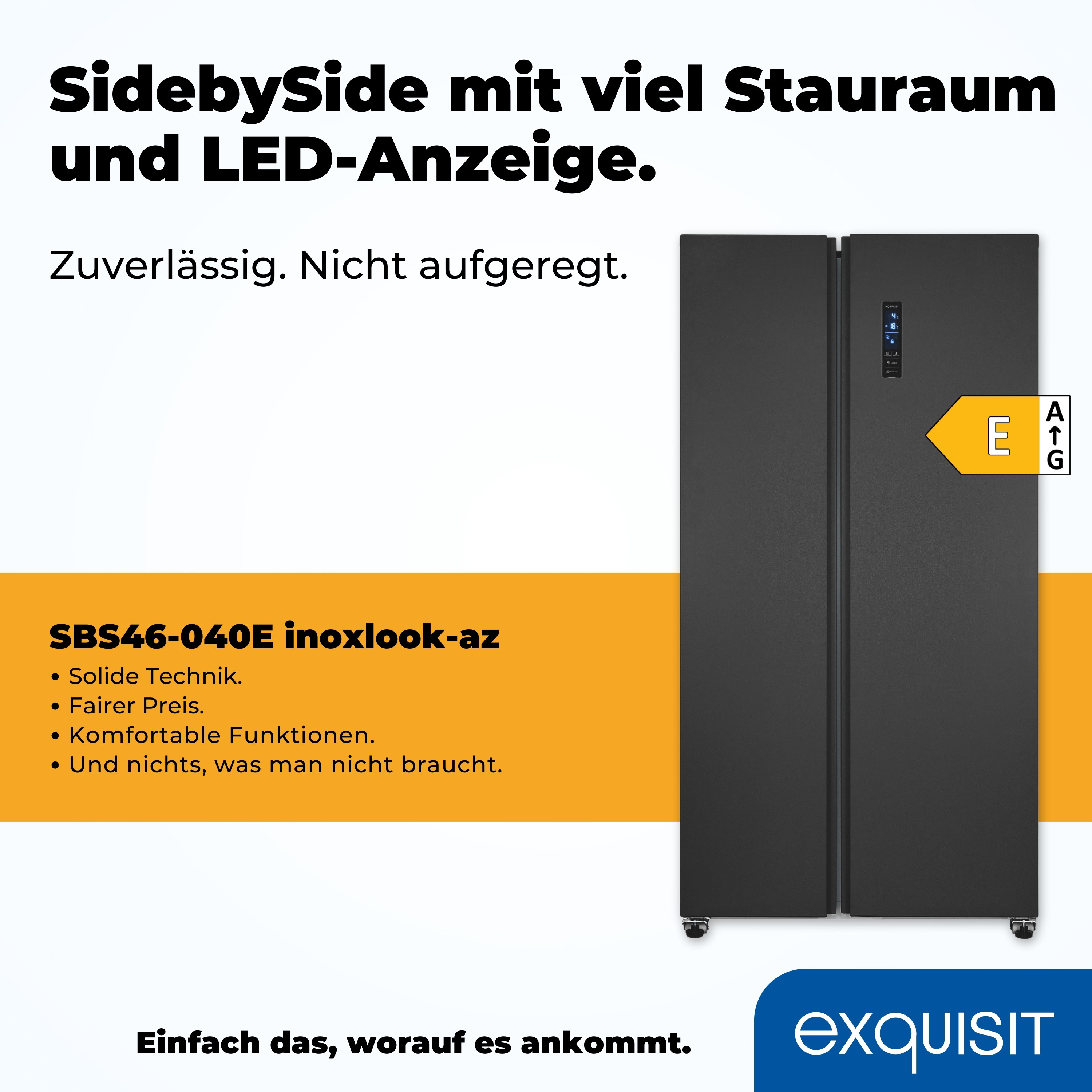 Schwarzer Kühlschrank mit Text. Der Kühlschrank hat zwei Türen. Weißer Hintergrund.
