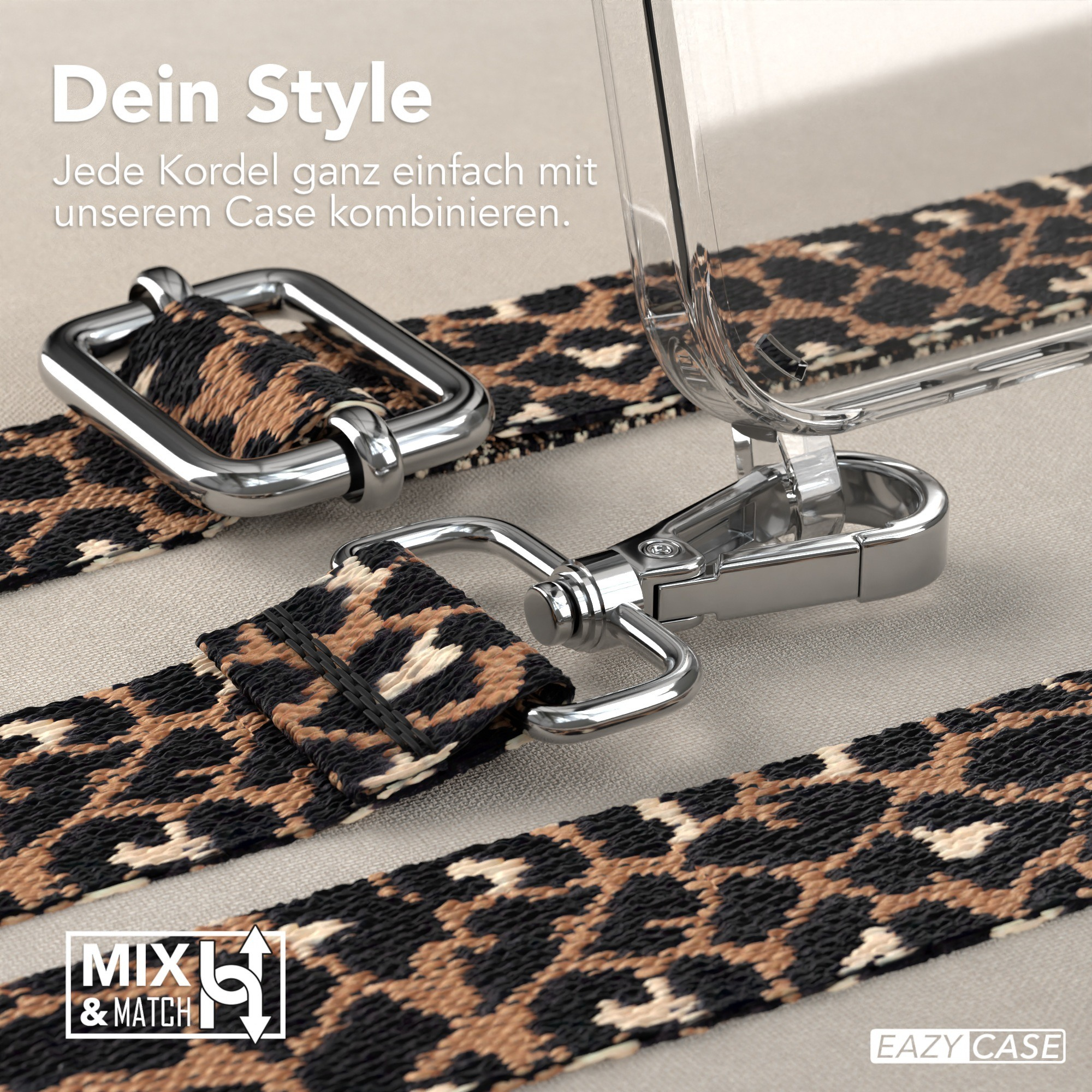 Leopardenmuster-Telefongurt, befestigt an einer transparenten Handyhülle mit silberner Schnalle.