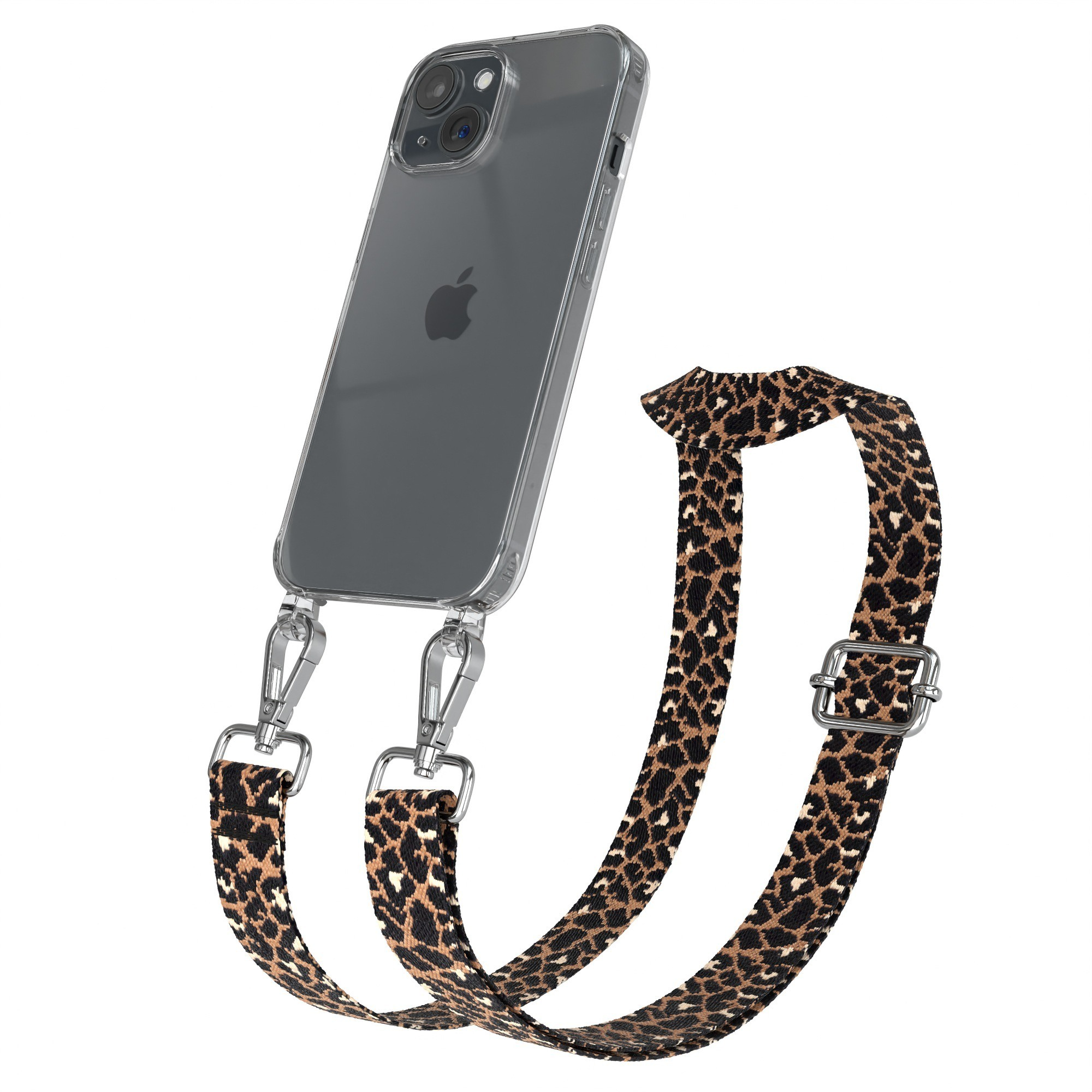 Eine transparente Handyhülle mit Telefon und einem gemusterten Riemen. Der Riemen hat braune und schwarze Leopardenflecken.