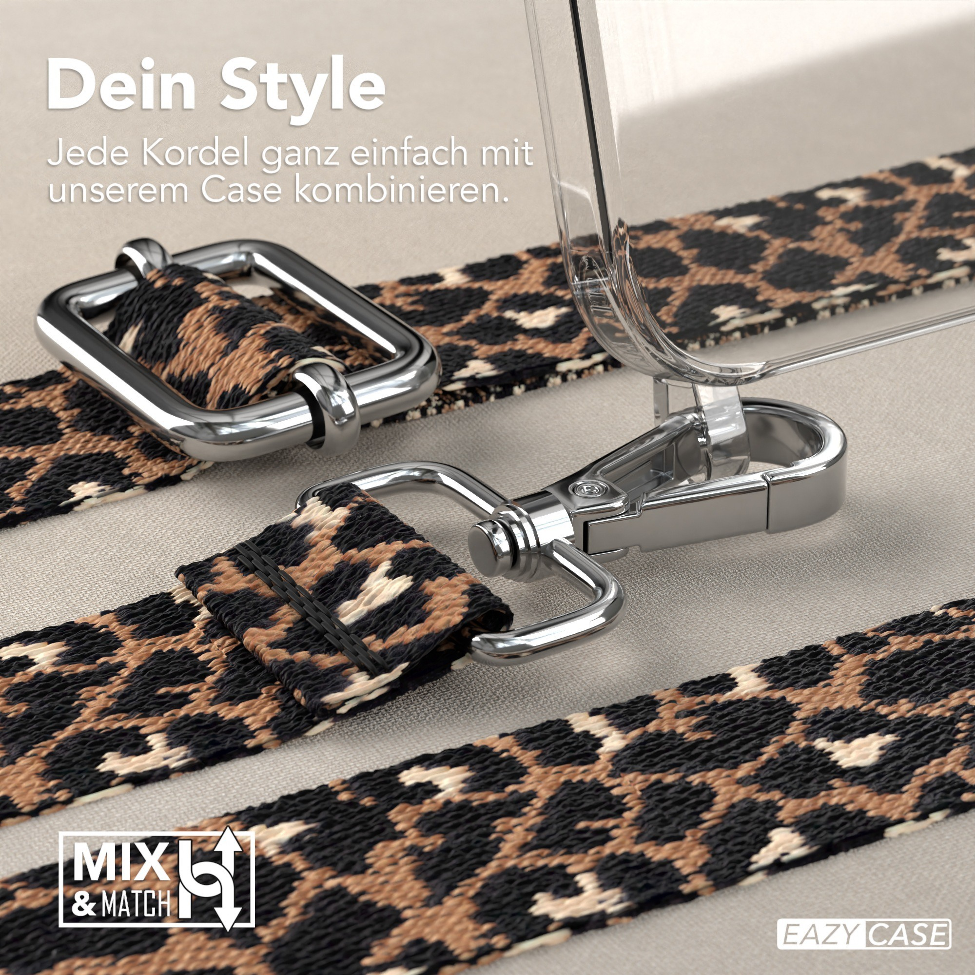 Nahaufnahme einer Handyhülle mit Leopardenmuster-Armband und Metallclips.