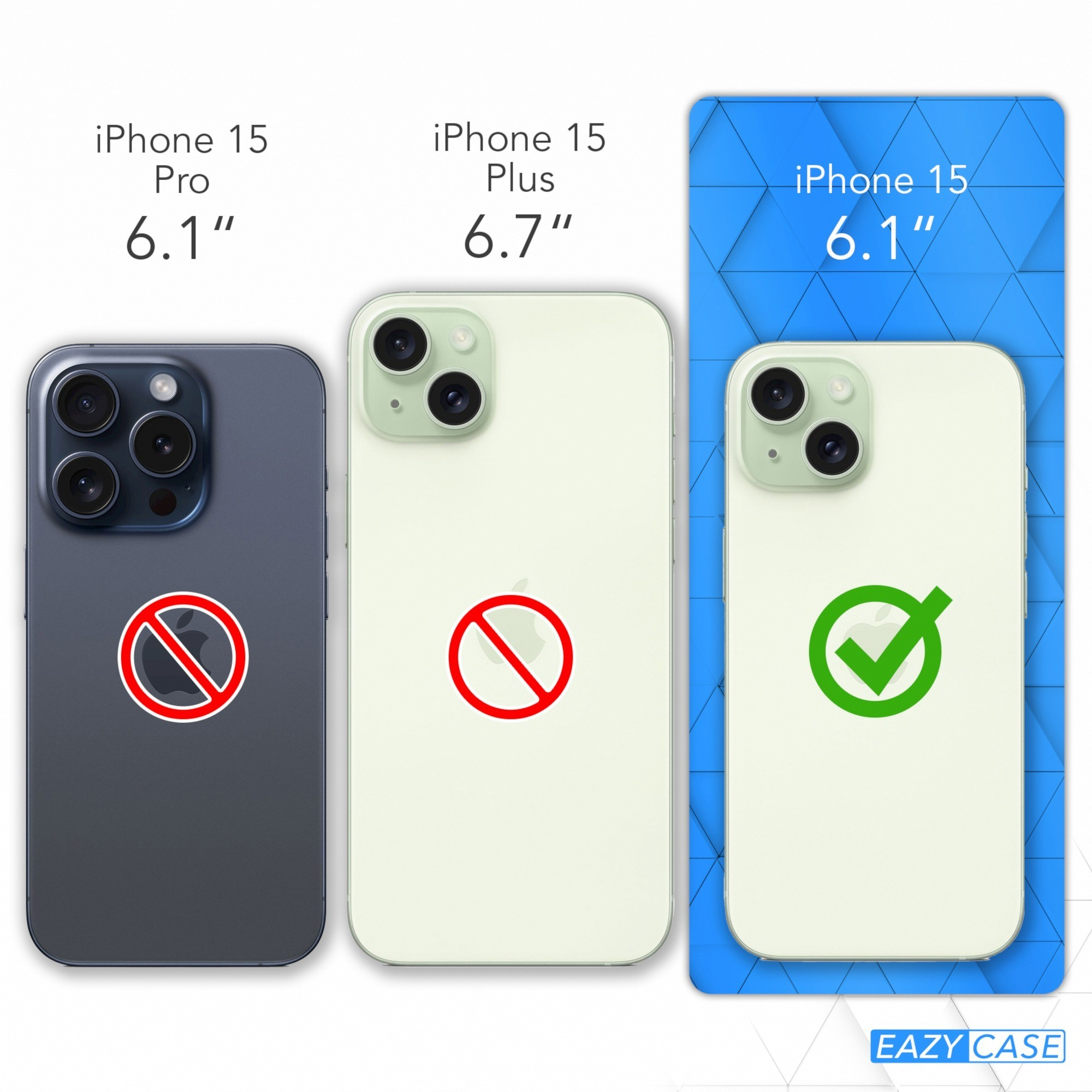 Drei Telefone: iPhone 15 Pro, iPhone 15 Plus und iPhone 15, mit unterschiedlichen Größen und einem grünen Häkchen.