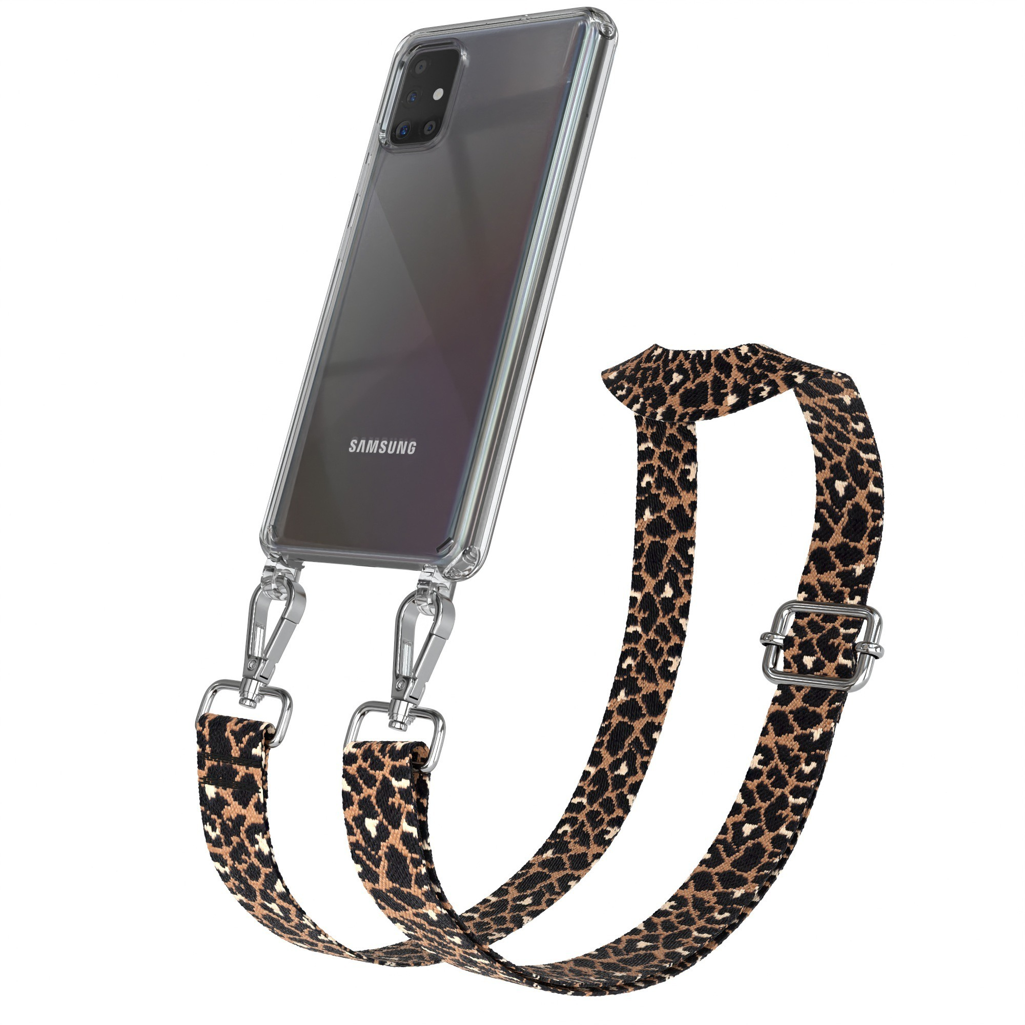 Transparente Handyhülle mit Telefon und einem Leopardenmuster-Armband mit silbernen Verschlüssen.