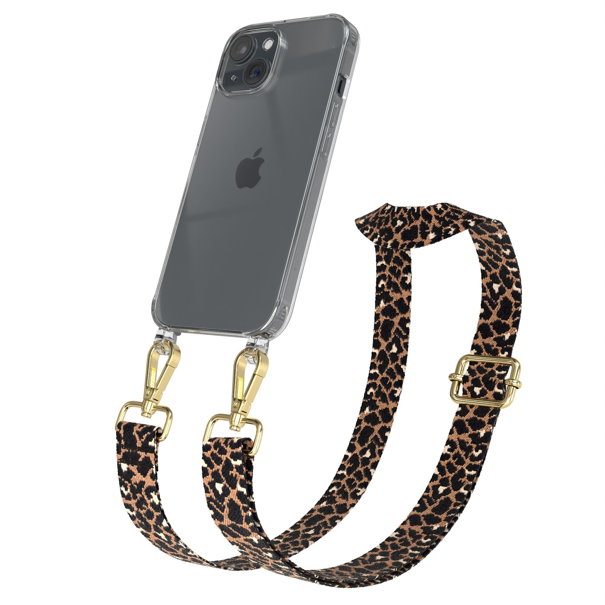 Transparente Handyhülle mit Leopardenmuster-Gurt. Goldene Verschlüsse und Schnalle.