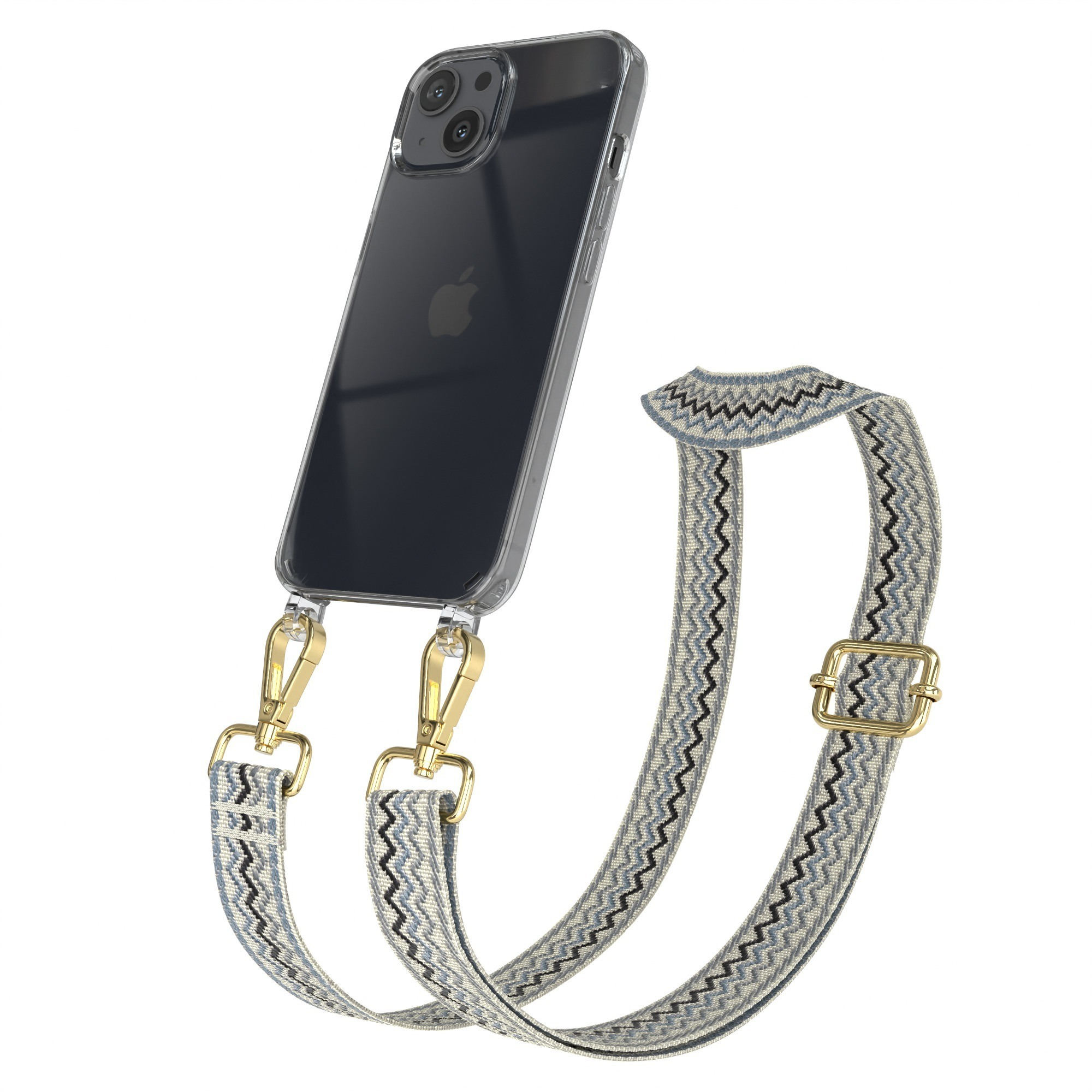 Eine transparente Handyhülle mit Telefon und einem gemusterten Riemen. Der Riemen hat graue und blaue Zickzackmuster.