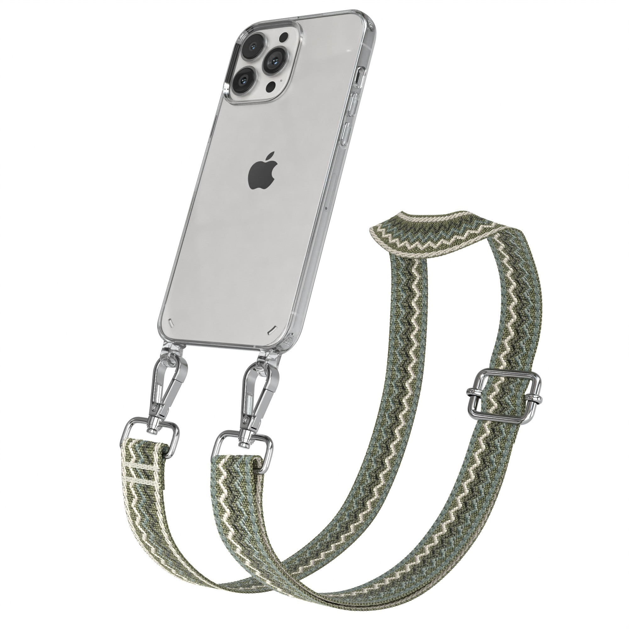 Transparente Handyhülle mit Trageriemen. Telefon ist am Riemen befestigt.