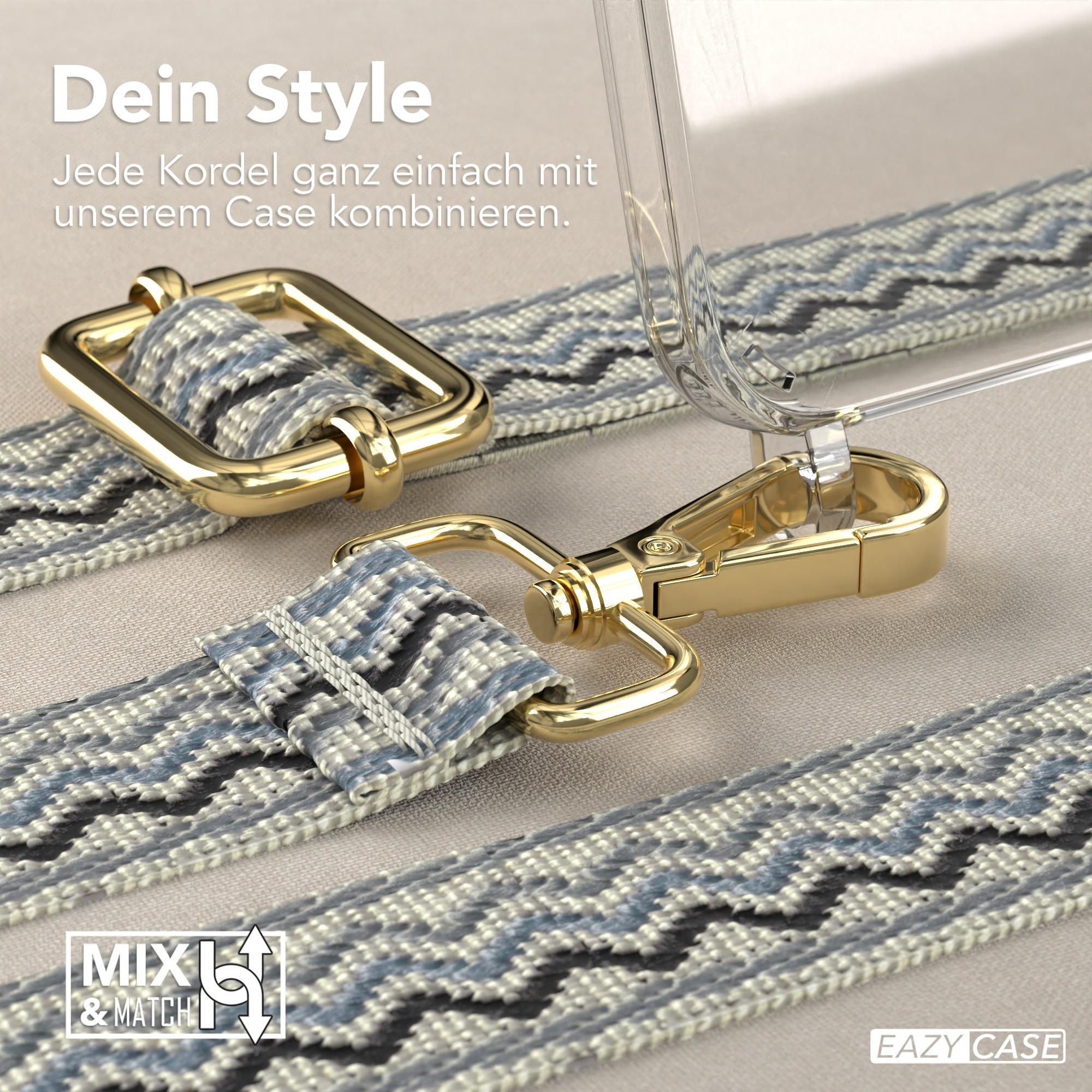 Nahaufnahme einer Handyhülle mit goldenem Haken und Riemen auf hellem Hintergrund.