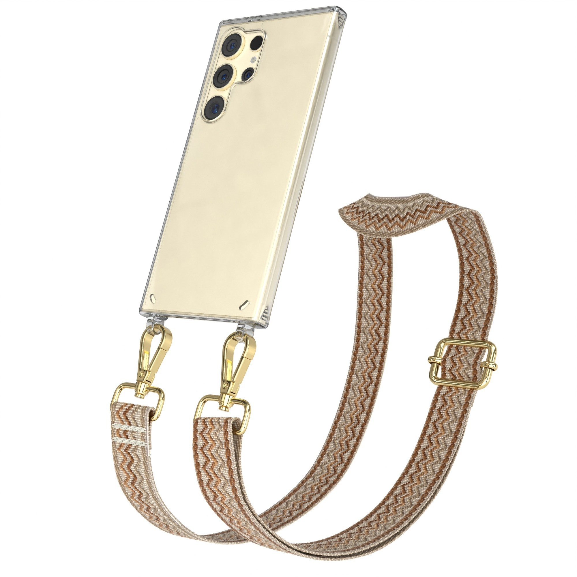 Telefon mit gewebtem Riemen. Transparente Hülle. Goldene Clips. 3 Kameras.