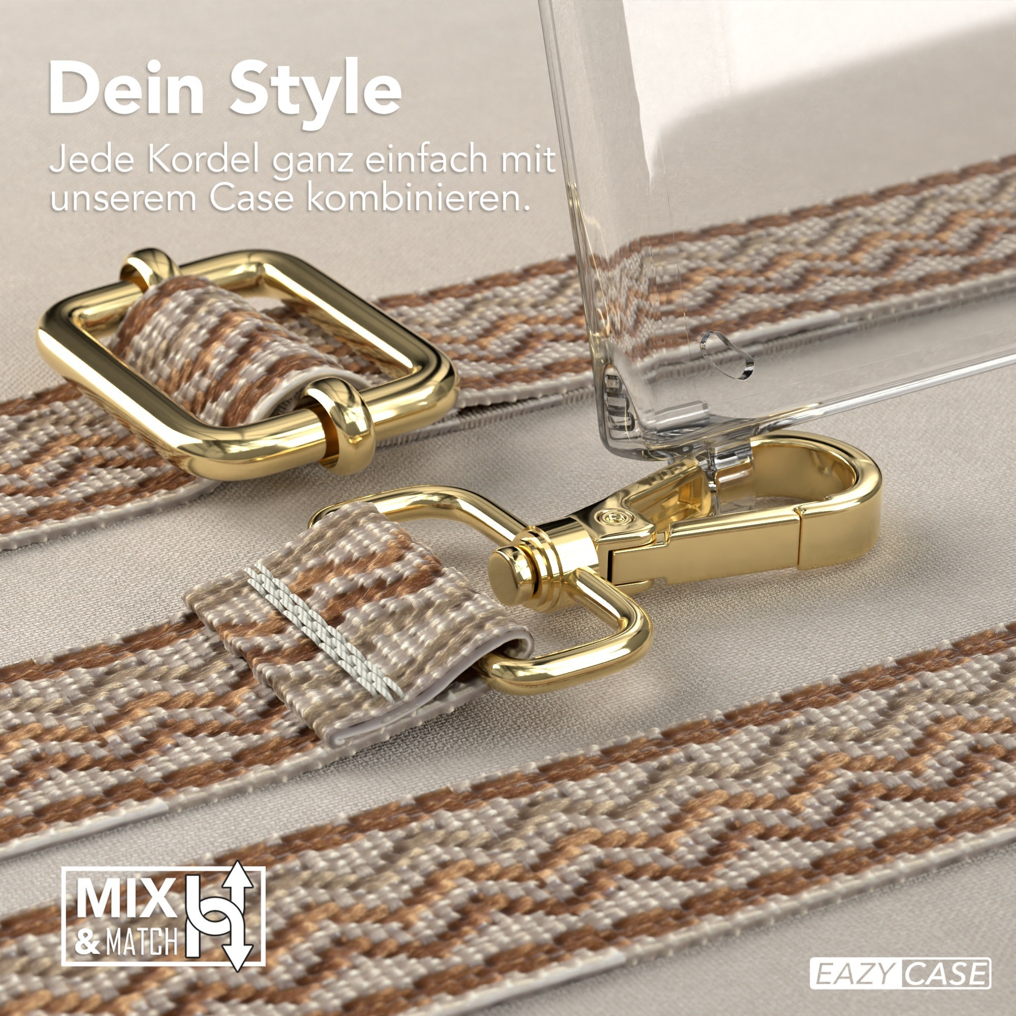 Nahaufnahme eines Telefonriemens. Der Riemen ist beige und braun, mit einem goldenen Verschluss.