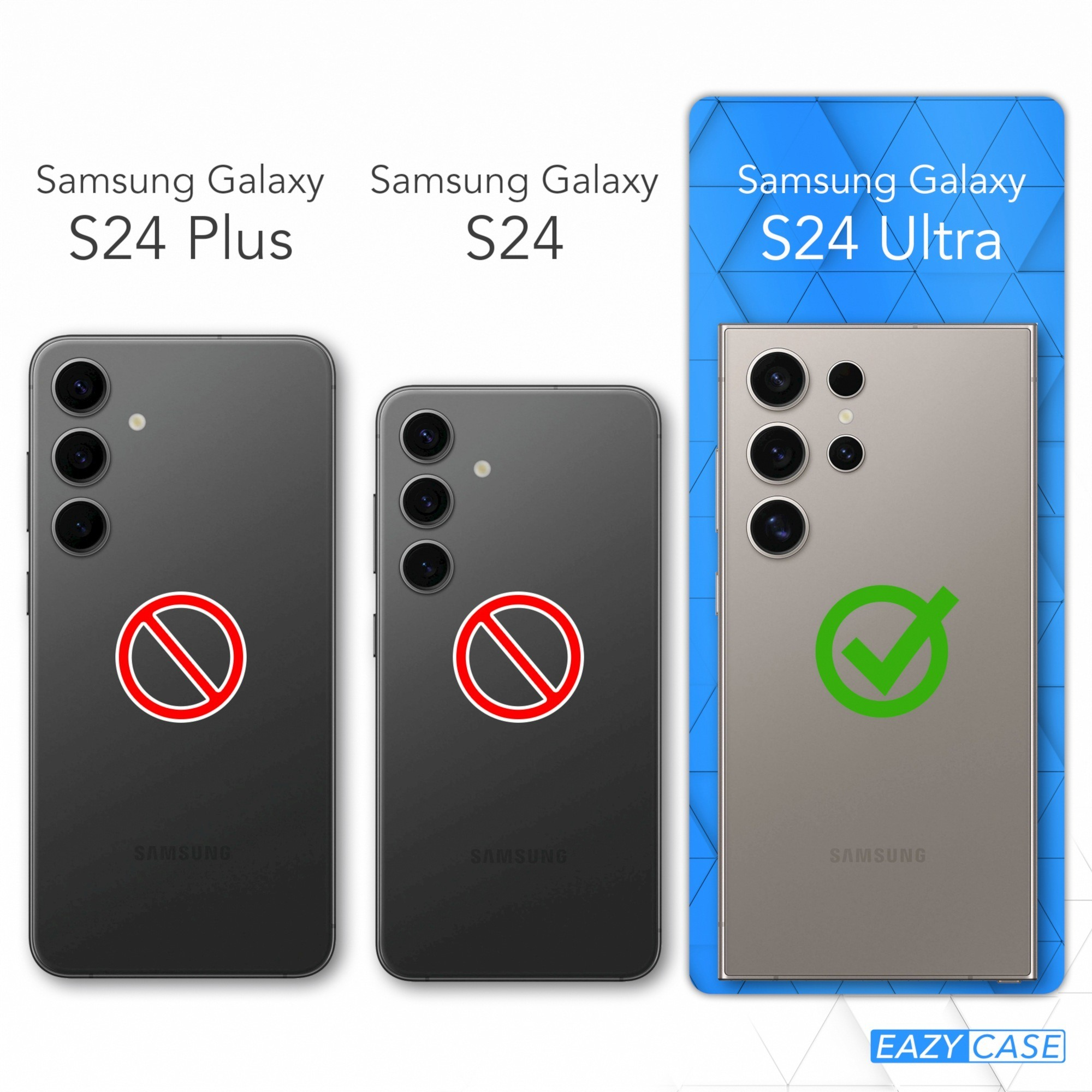 Vergleich von Samsung Galaxy S24 Plus, S24 und S24 Ultra. S24 Ultra hat ein Häkchen.