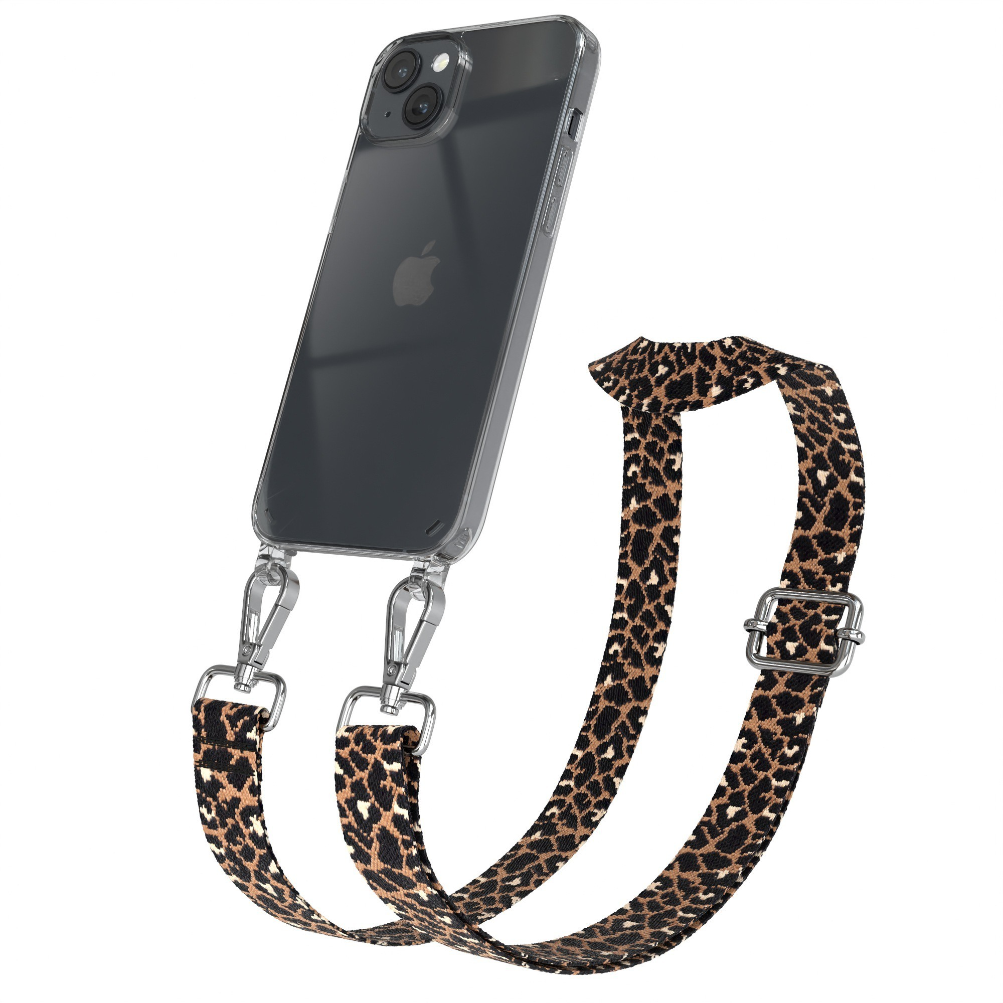 Transparente Handyhülle mit Leopardenmuster-Gurt, Metallverschlüssen und Telefon.