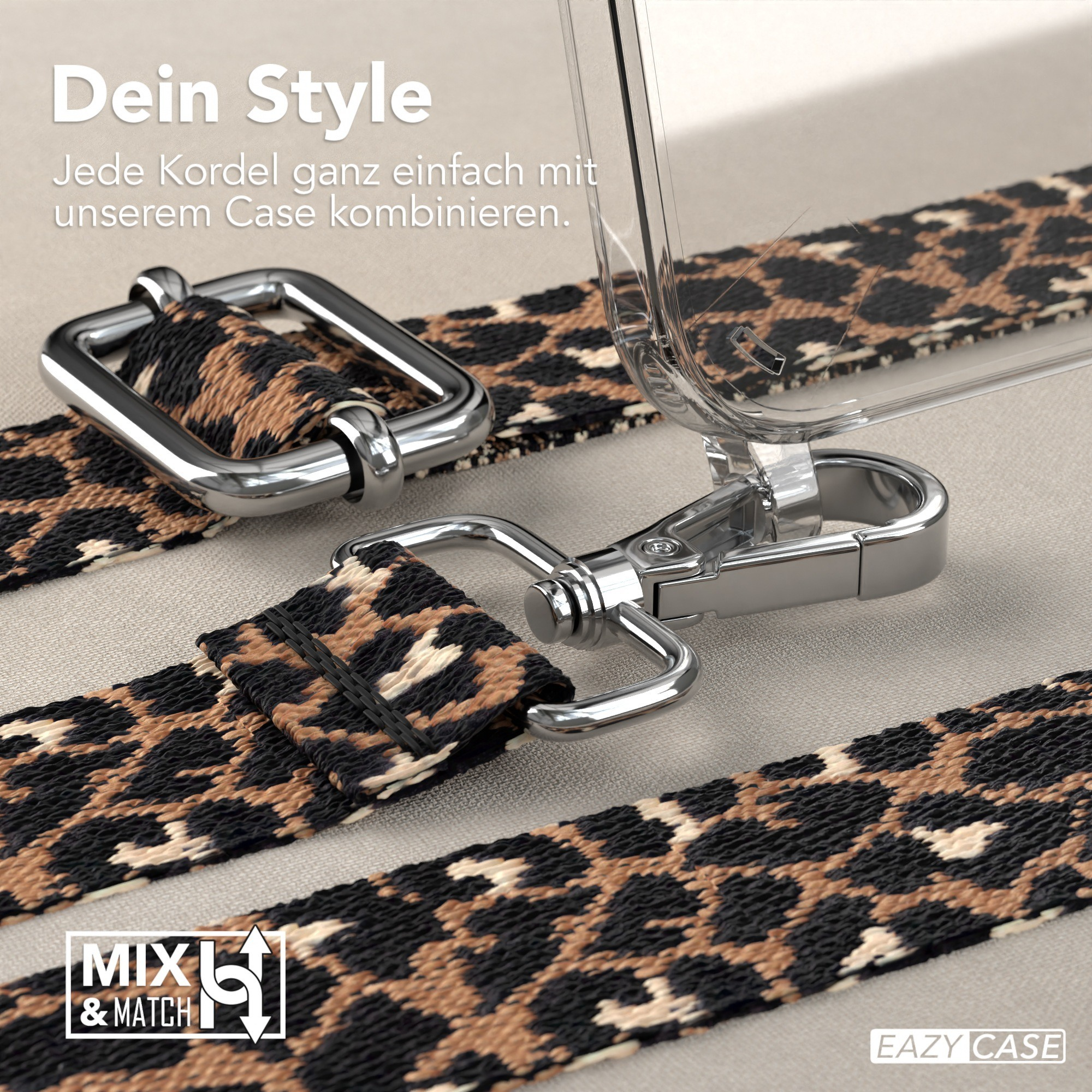 Nahaufnahme: Leopardenmuster-Riemen und silberne Hardware. Text sagt "Dein Style" und "MXL & MATCH".