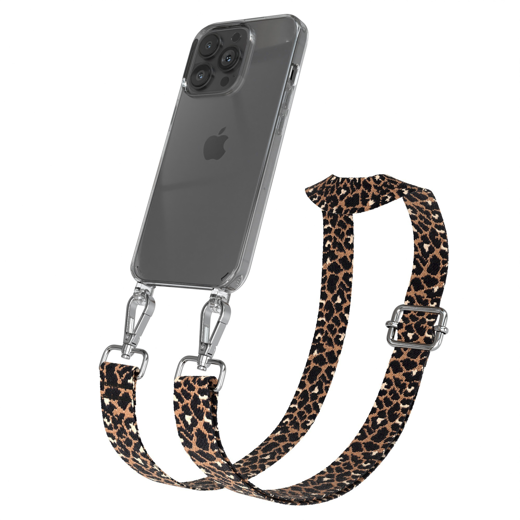 Transparente Handyhülle mit Leopardenmuster-Trageriemen. Der Riemen ist am Telefon befestigt.