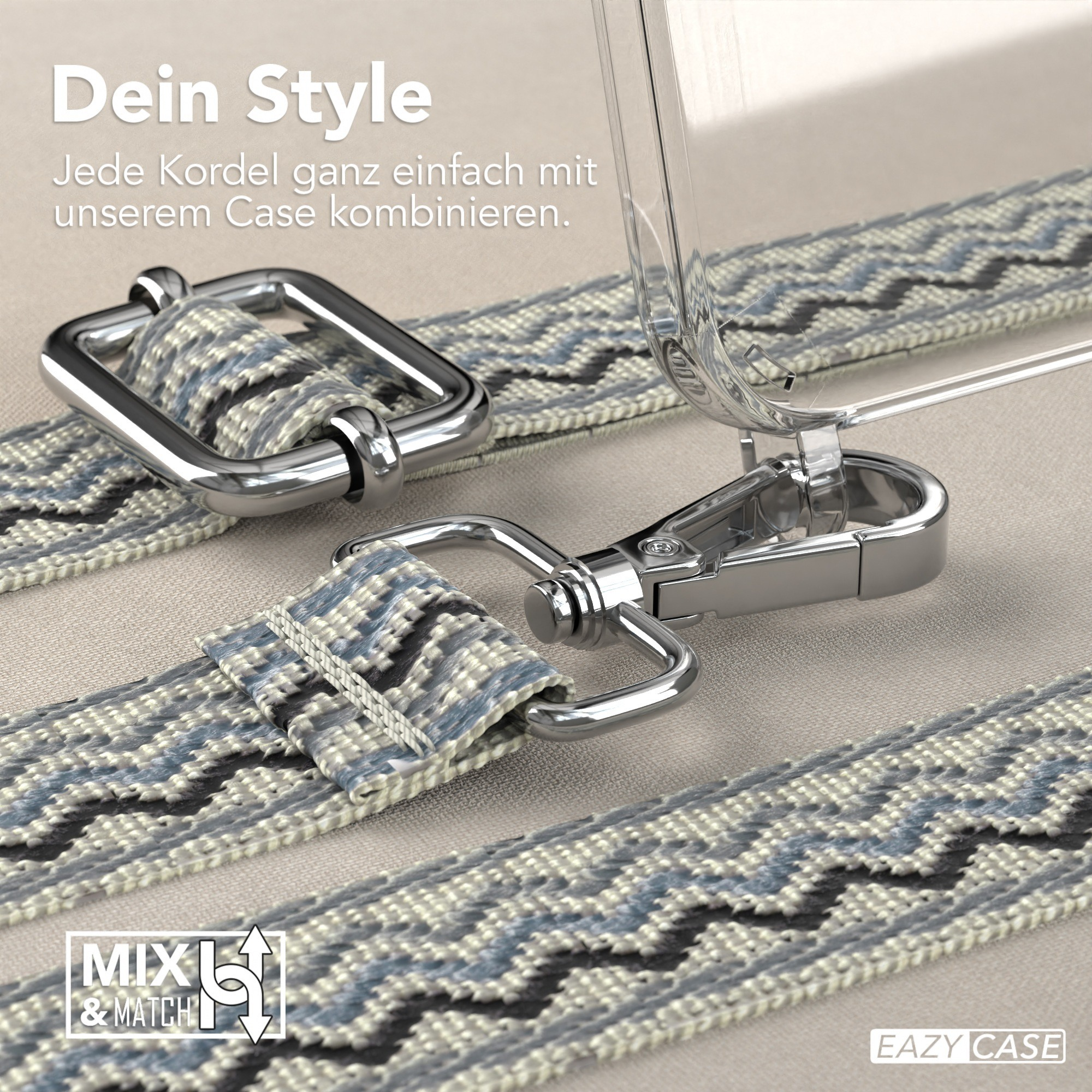 Eine Handyhülle mit Riemen, silberner Hardware und einem blau gemusterten Riemen. Der Hintergrund ist beige.