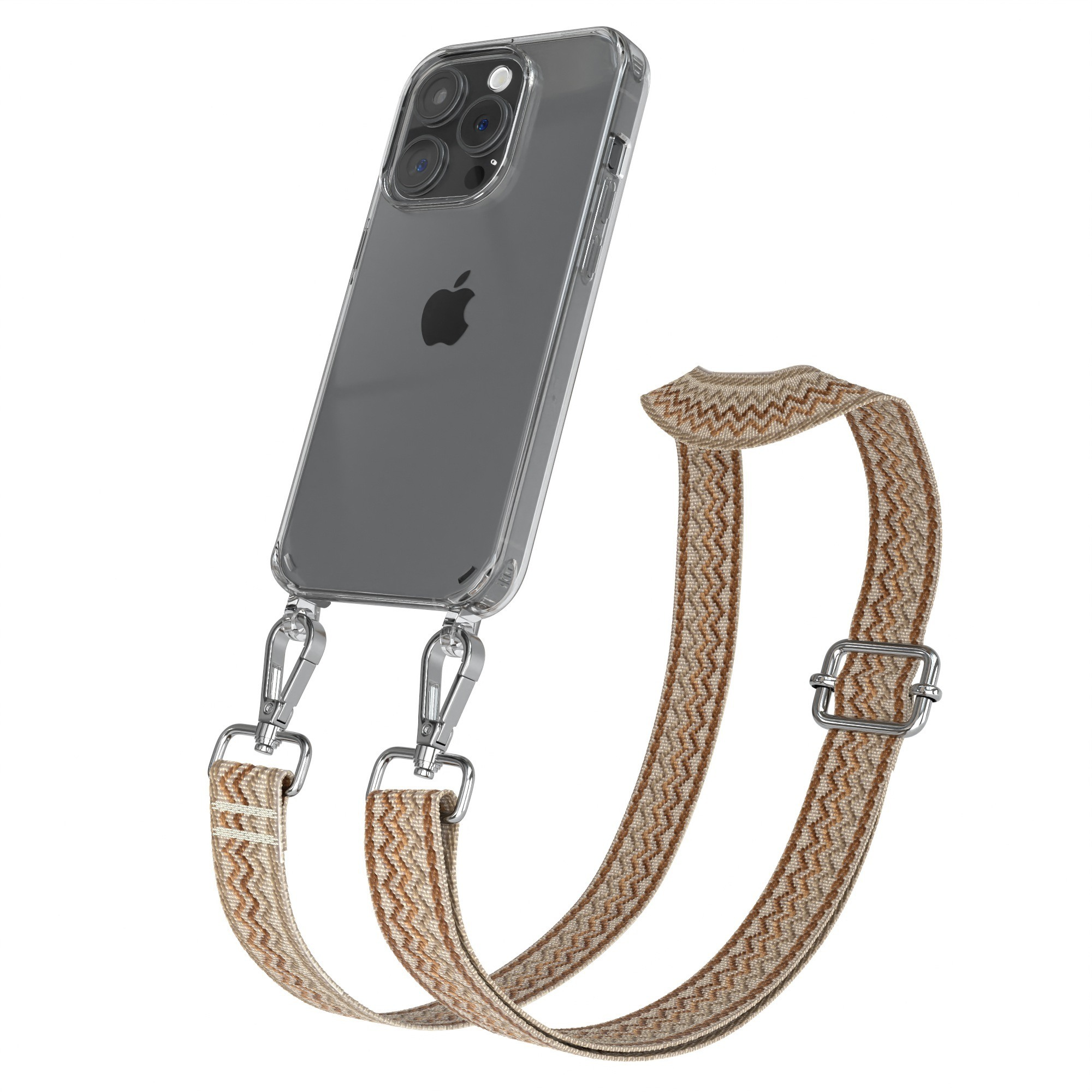 Telefon in klarer Hülle mit gemustertem Riemen. Silberne Clips, beige/brauner Riemen mit Metallschnalle.
