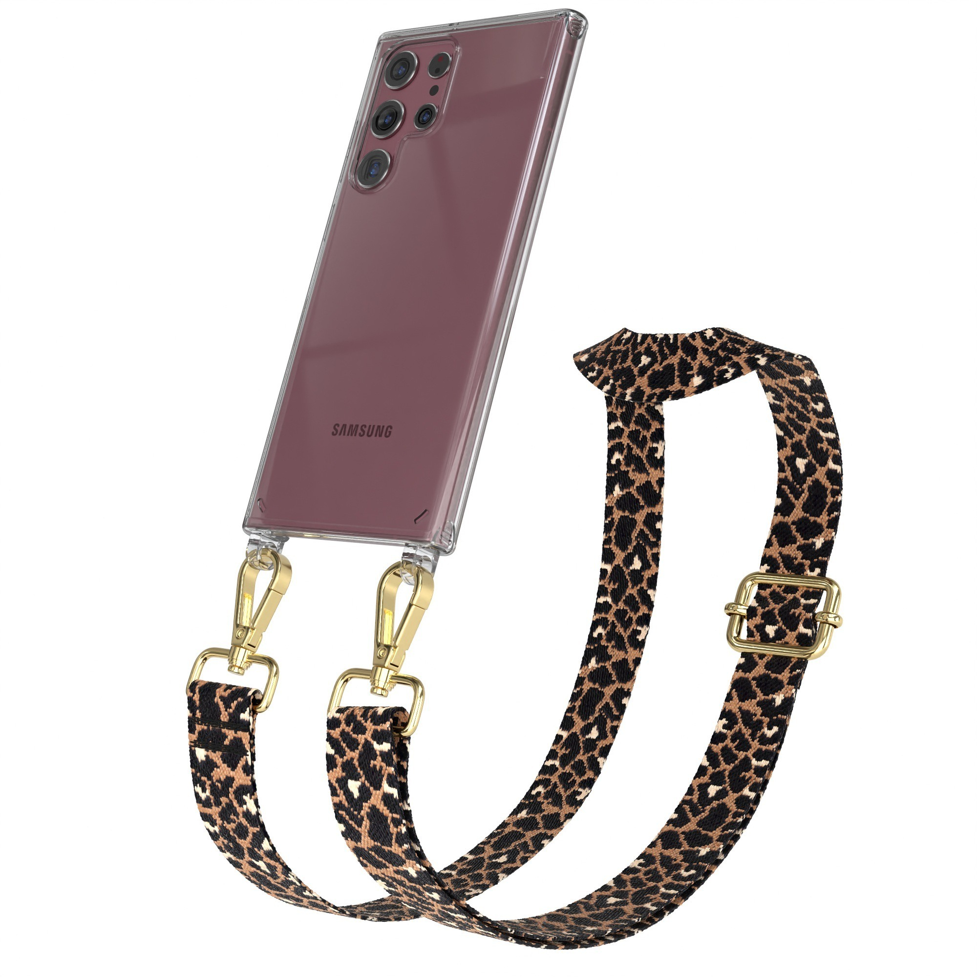 Ein Telefon in einer transparenten Hülle mit einem Leopardenmuster-Gurt.
