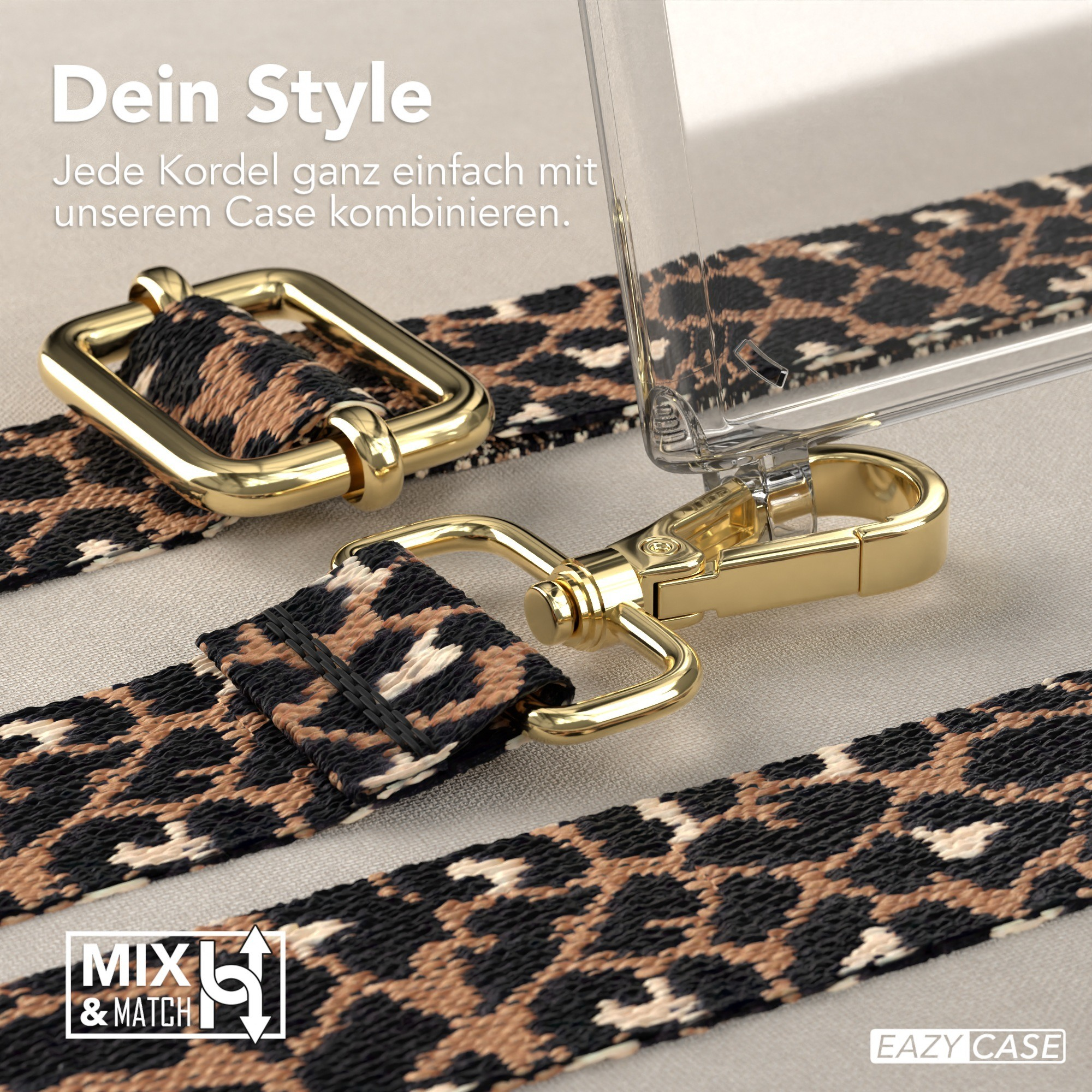 Eine Handyhülle mit Riemen, goldener Hardware und einem Leopardenmuster-Riemen. Beiger Hintergrund.