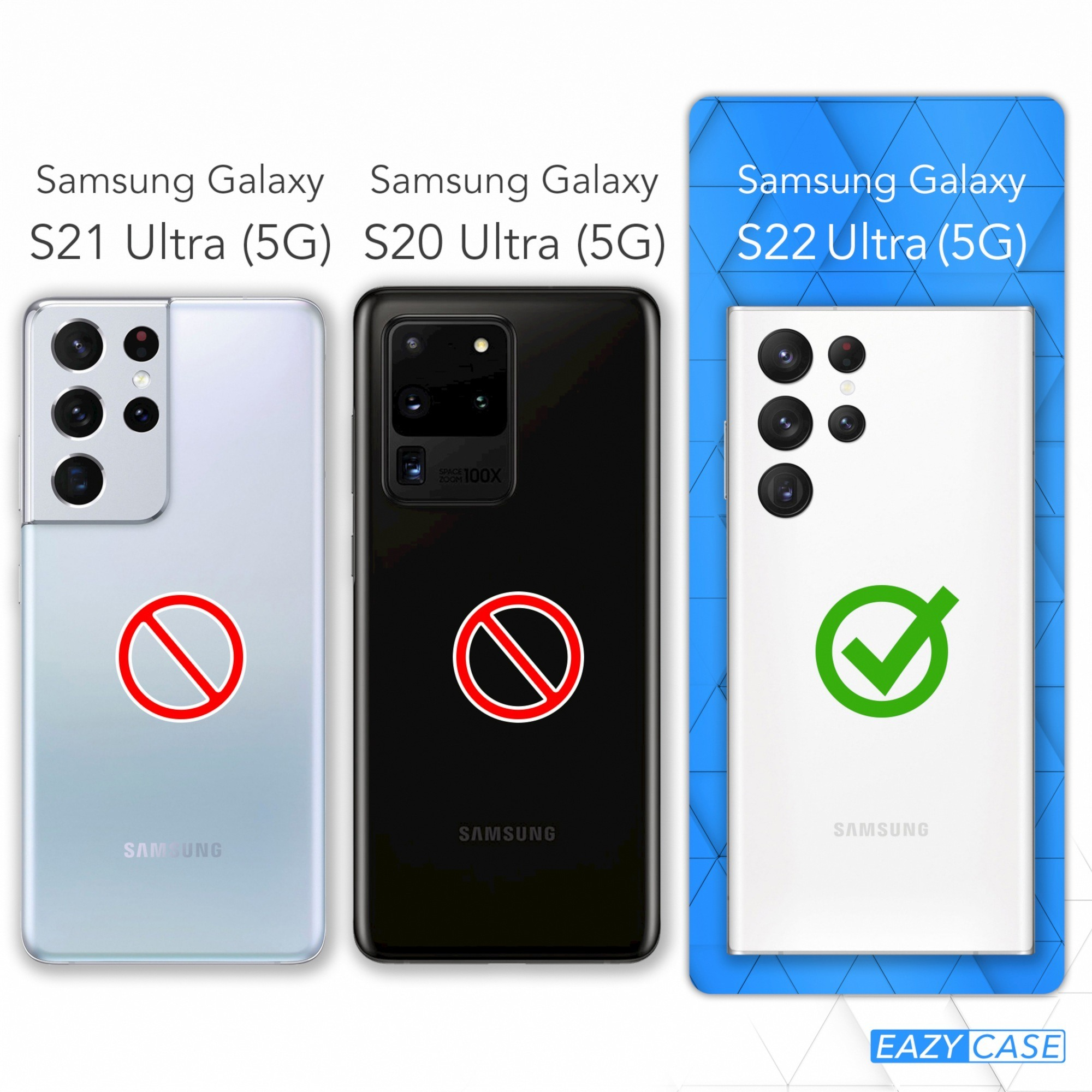 Vergleich von Samsung Galaxy Handys: S21 Ultra, S20 Ultra und S22 Ultra. S22 mit grünem Haken markiert.