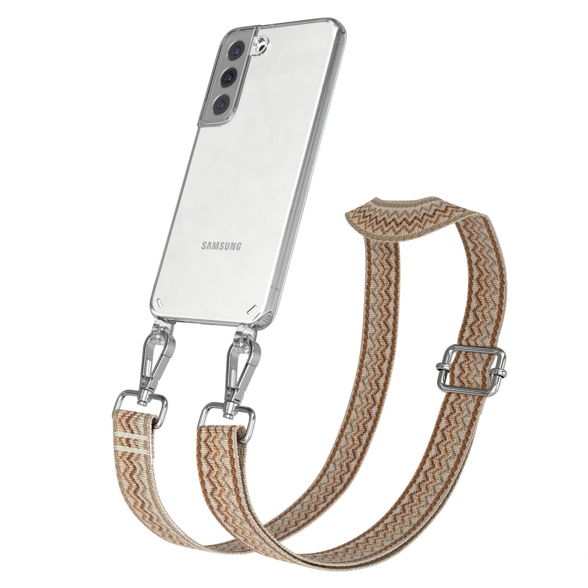 Transparente Handyhülle mit Telefon, beigefarbener gemusterter Riemen mit silbernen Verschlüssen.