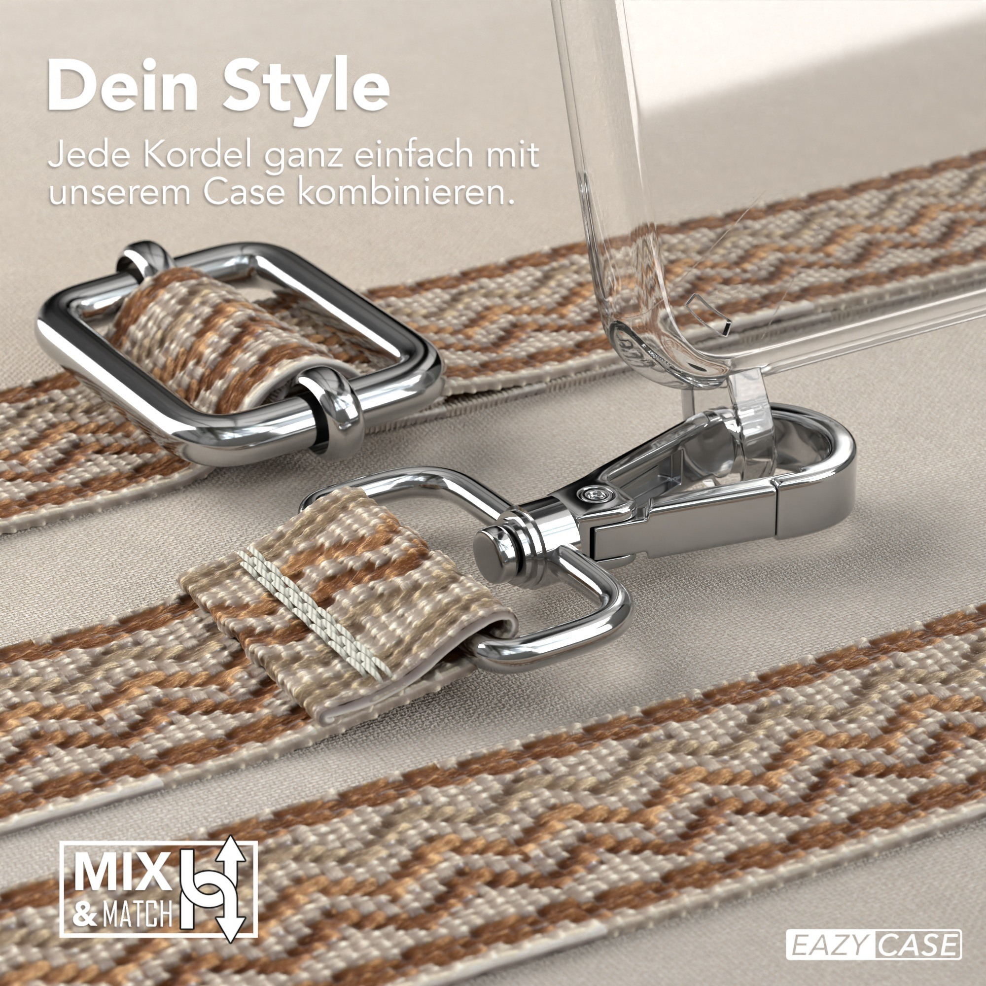 Nahaufnahme von Handyhüllenriemen mit Metallverschluss, der mit der Hülle verbunden ist.