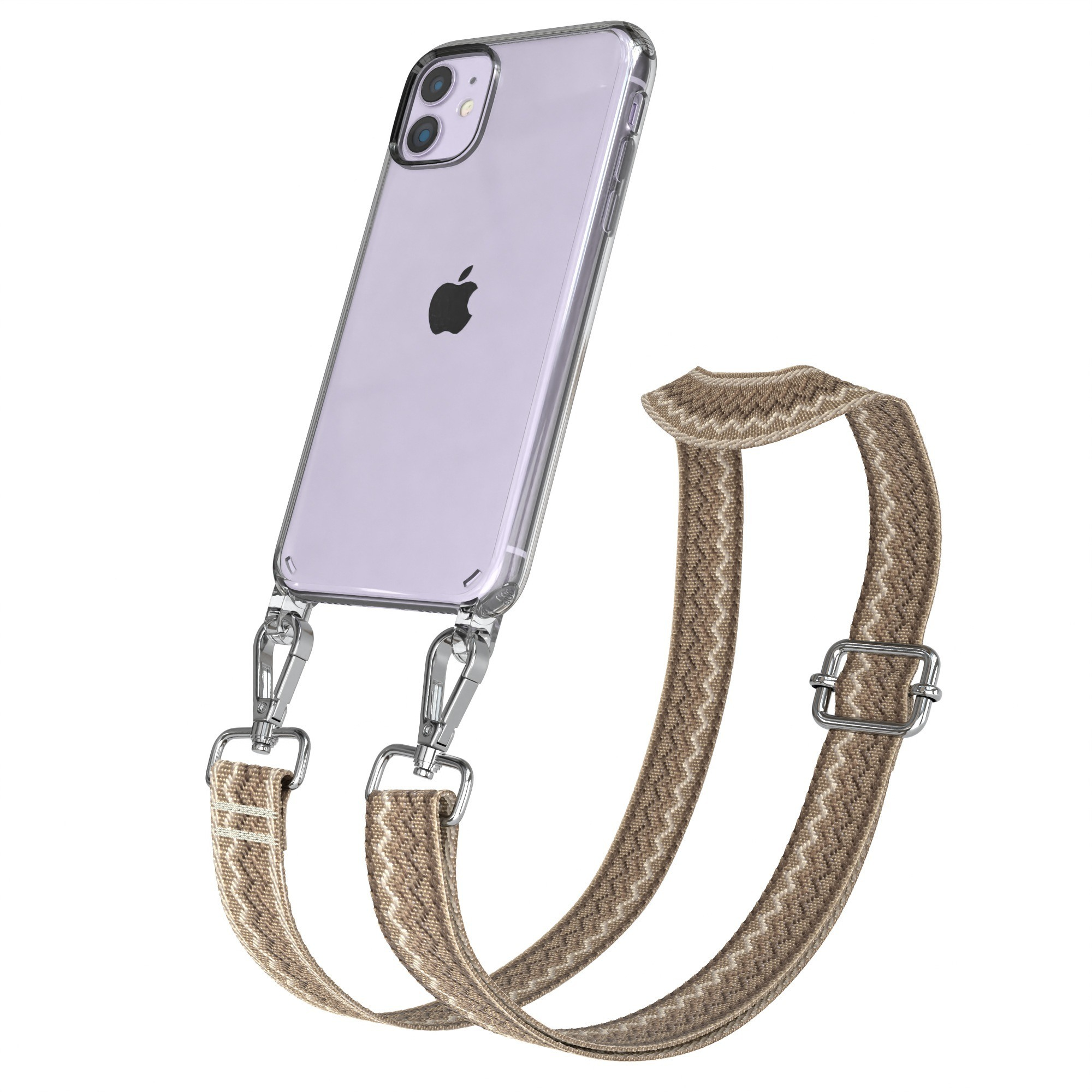 Transparente Handyhülle mit Band. Das Band ist gemustert, beige und braun.
