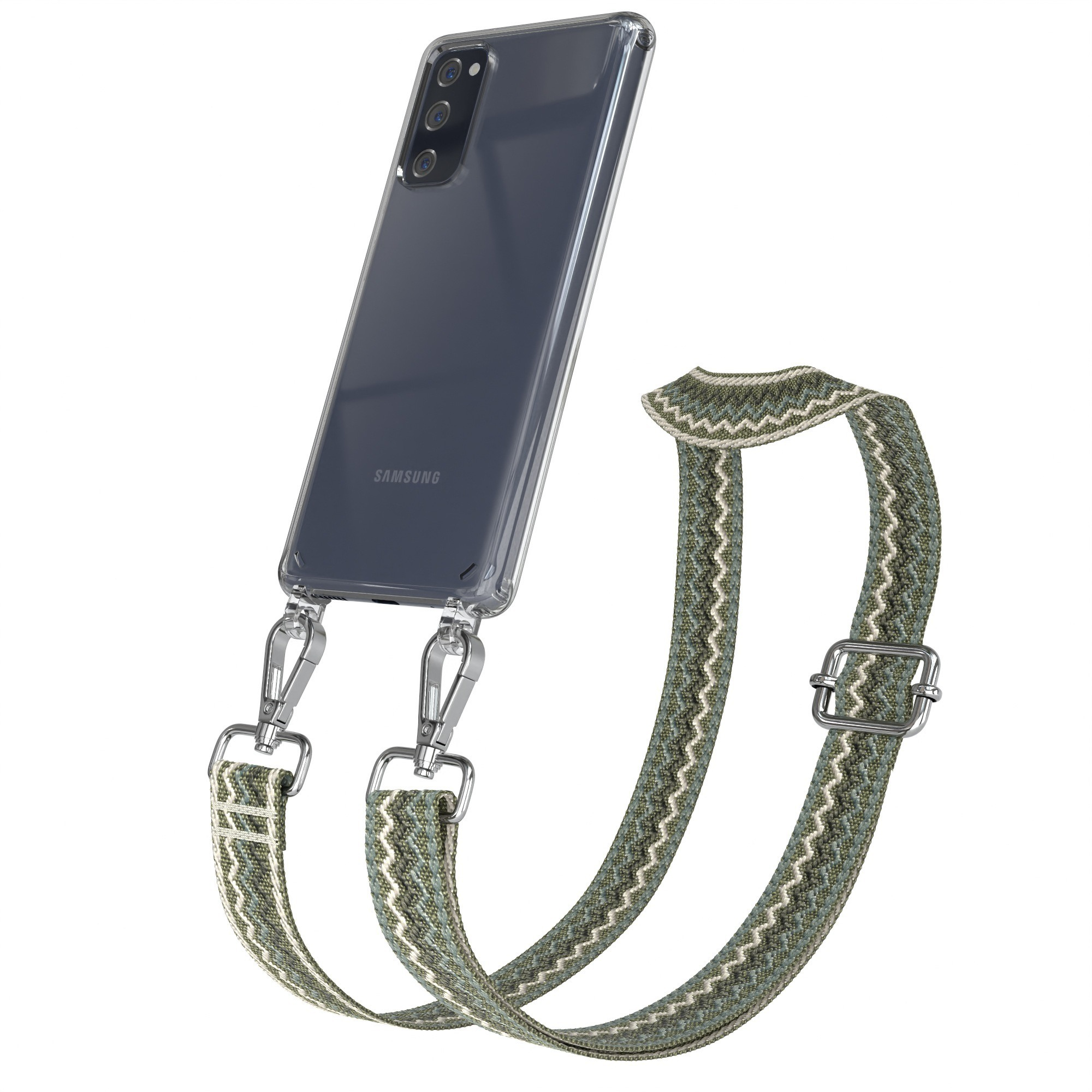 Transparente Handyhülle mit Samsung-Telefon und Riemen mit grün-weißem Muster. Weißer Hintergrund.