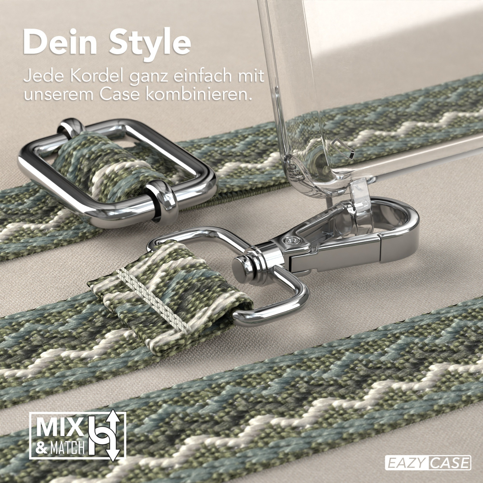 Nahaufnahme: Silberne Hardware und gemusterter Riemen. Text sagt "Dein Style" und "MXL & MATCH".