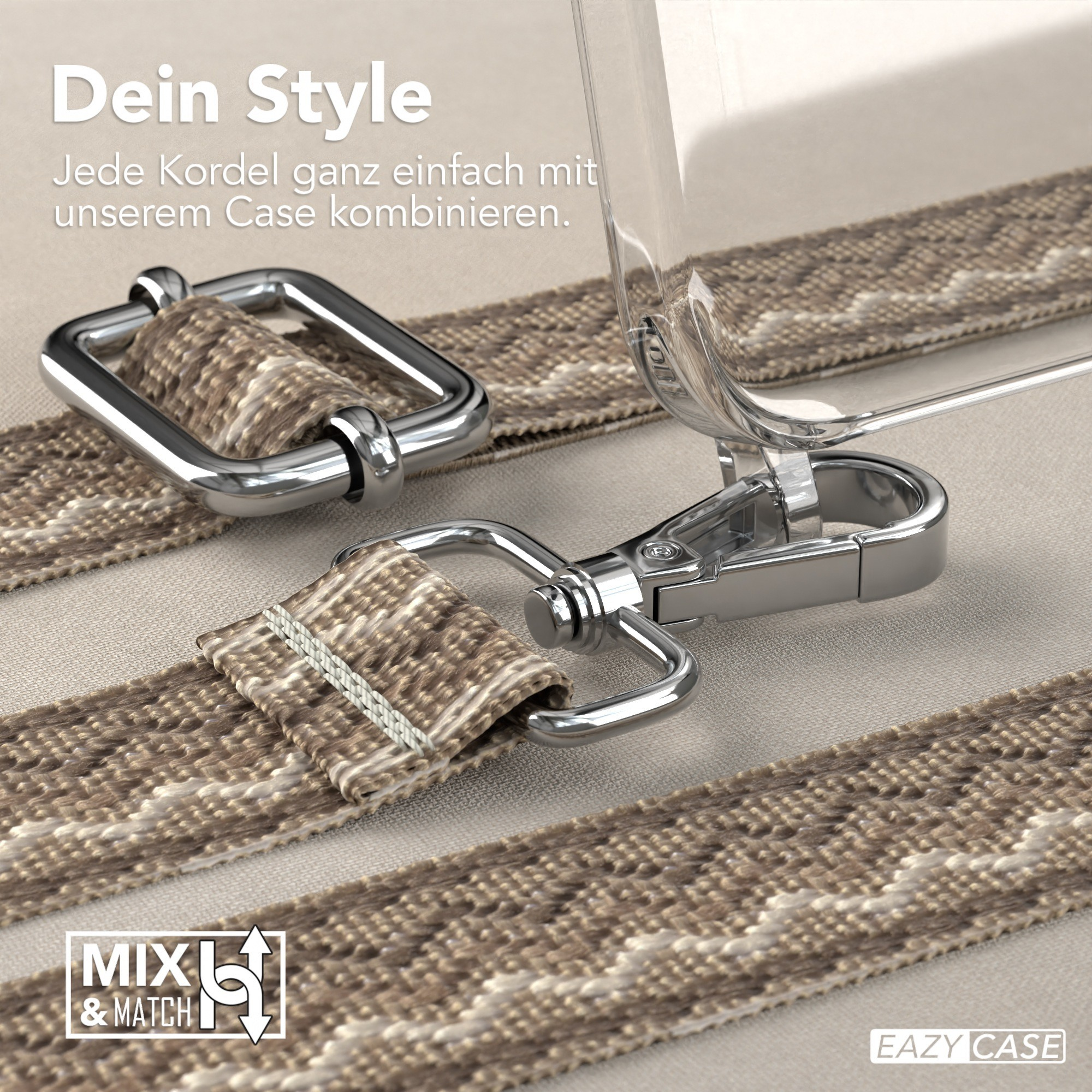 Nahaufnahme von Telefonriemen mit Metallverschlüssen und klarer Handyhülle auf beiger Oberfläche.