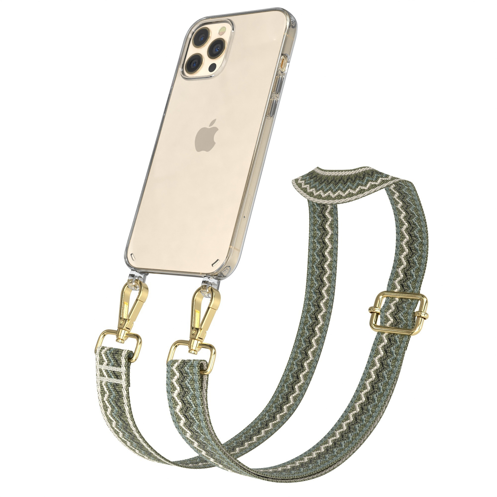 Telefon in einer durchsichtigen Hülle mit grün-weißem Gurt. Der Gurt hat goldene Hardware.